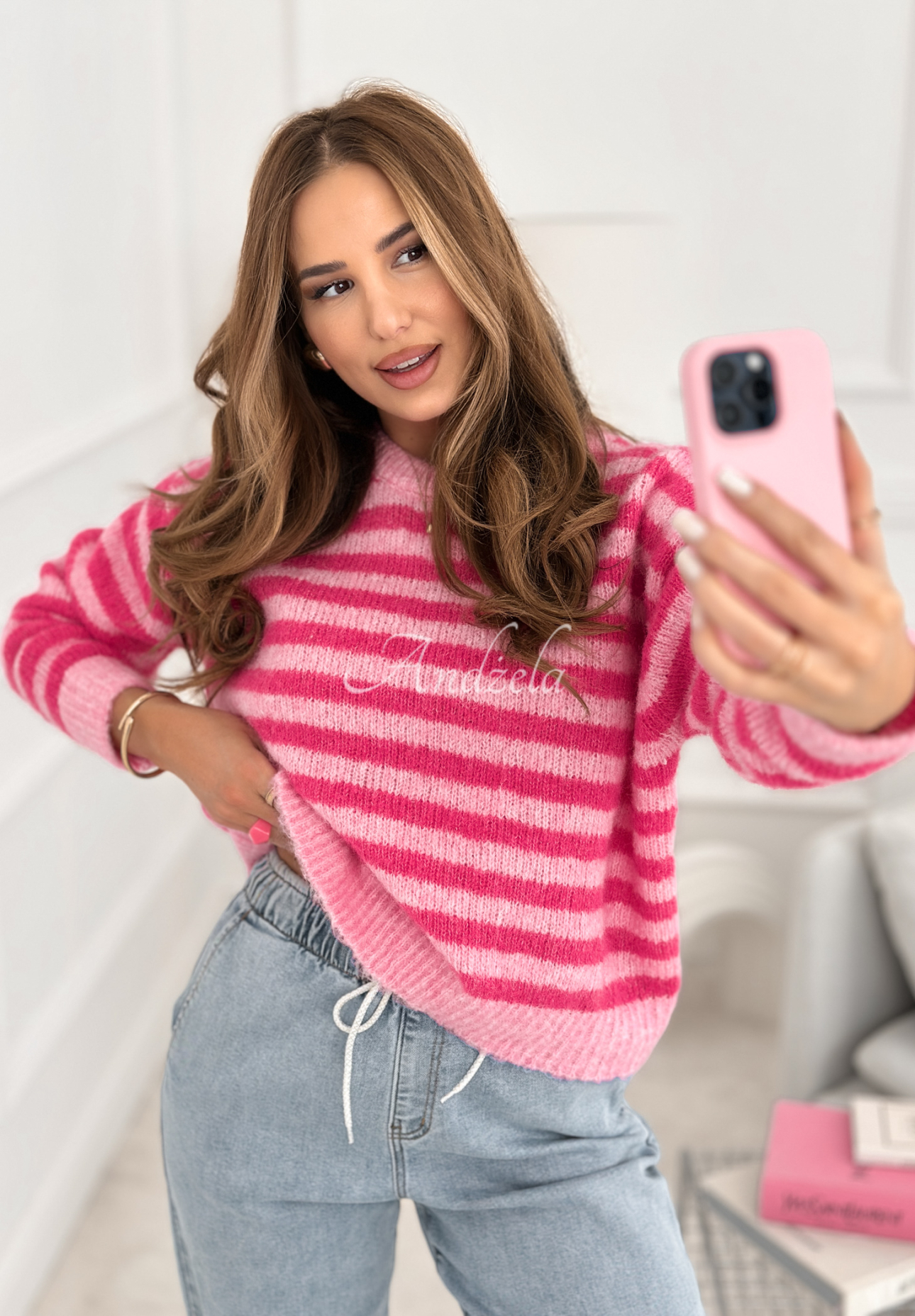Gestreifter Wollpullover Candy Lines Rosa