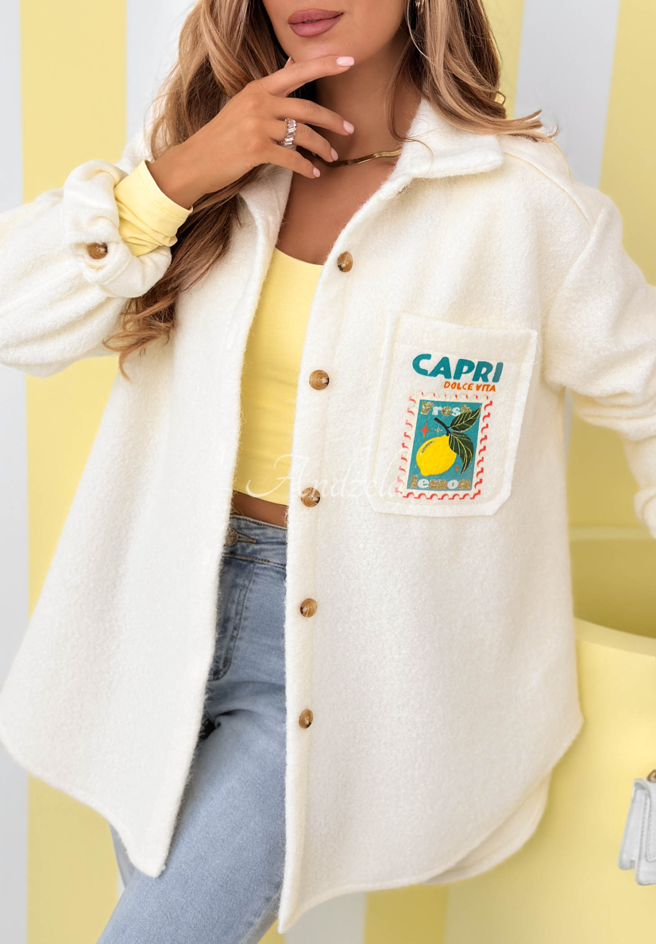 Jacke aus Lammfellimitat mit Aufdrucken und Wolle Capri Dolce Vita Ecru