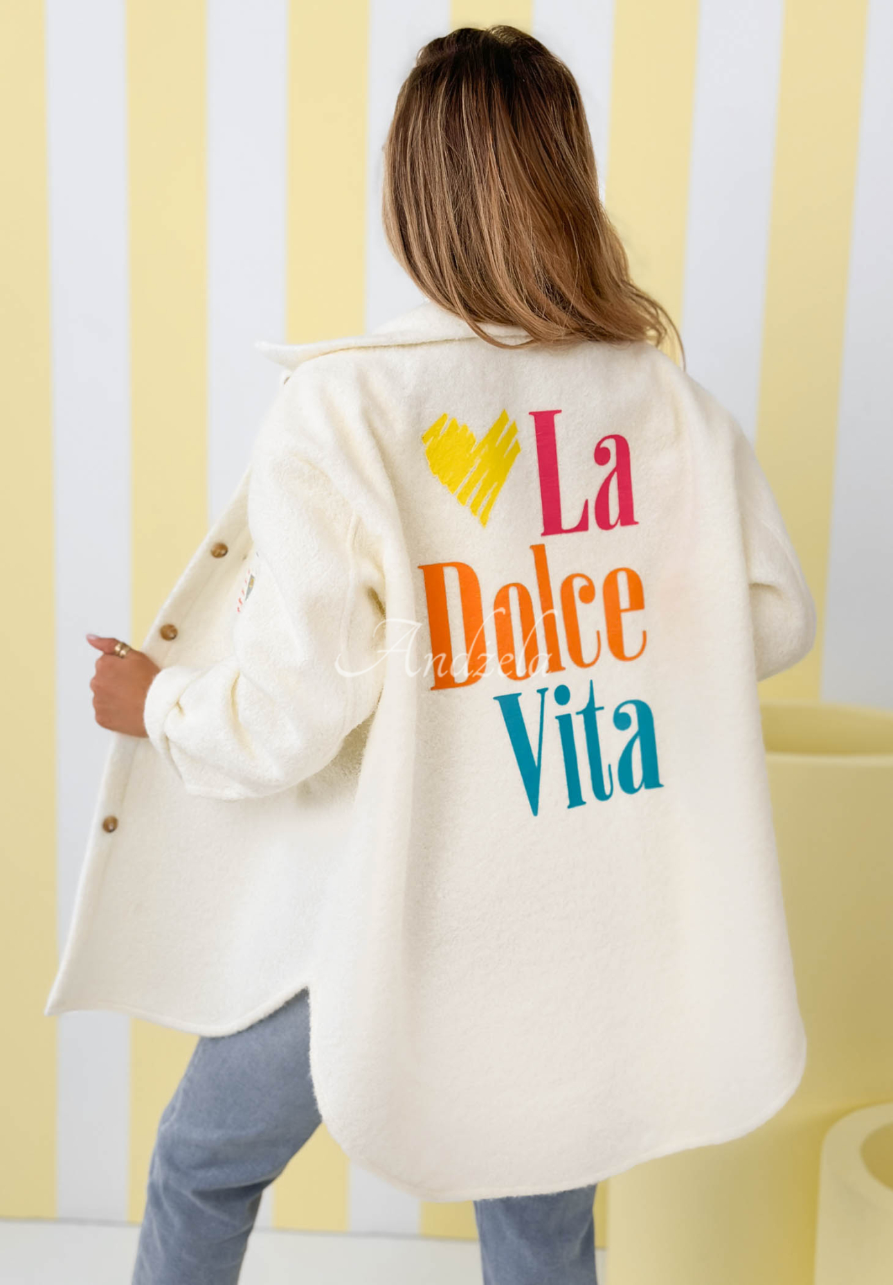 Jacke aus Lammfellimitat mit Aufdrucken und Wolle Capri Dolce Vita Ecru