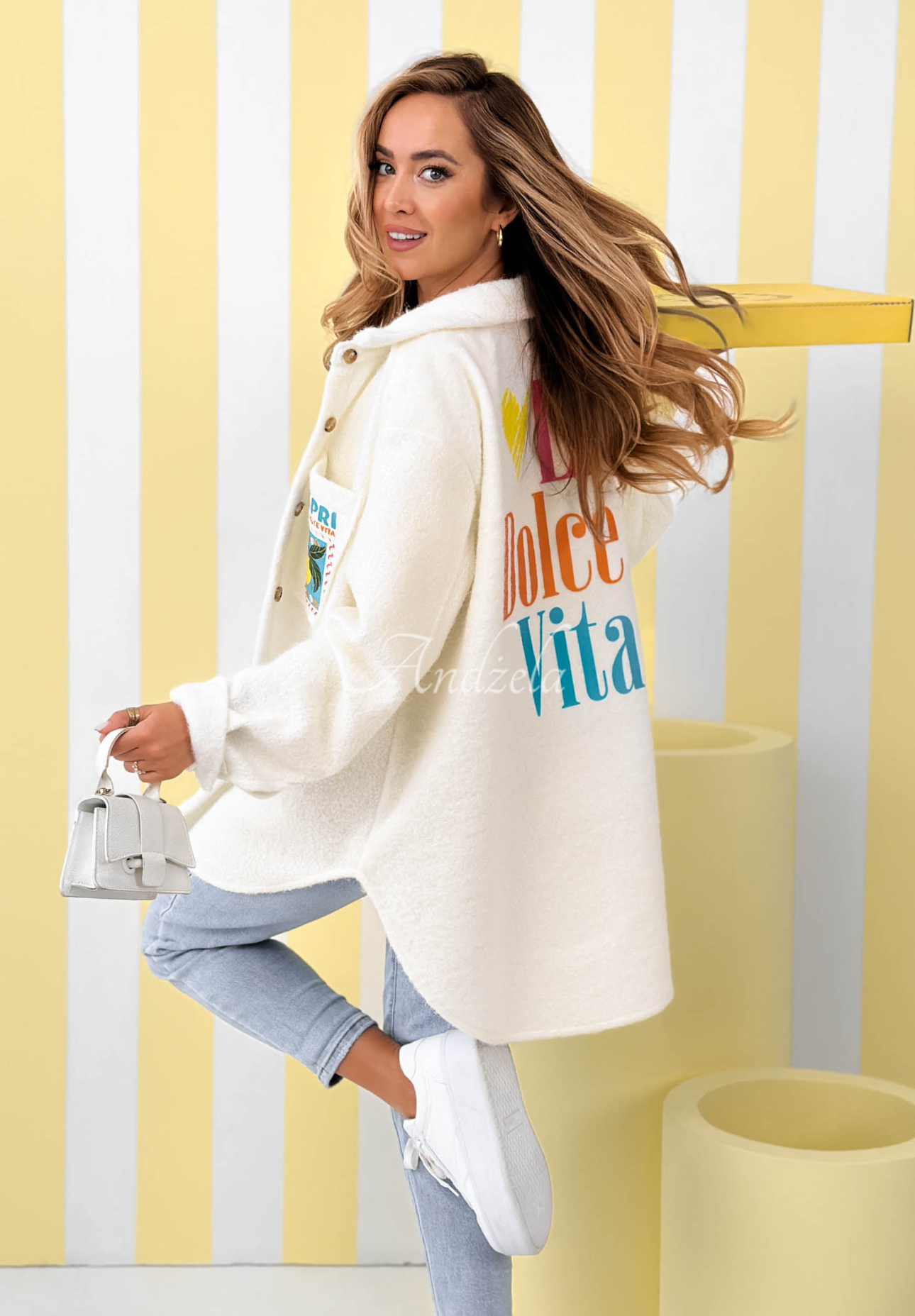 Jacke aus Lammfellimitat mit Aufdrucken und Wolle Capri Dolce Vita Ecru