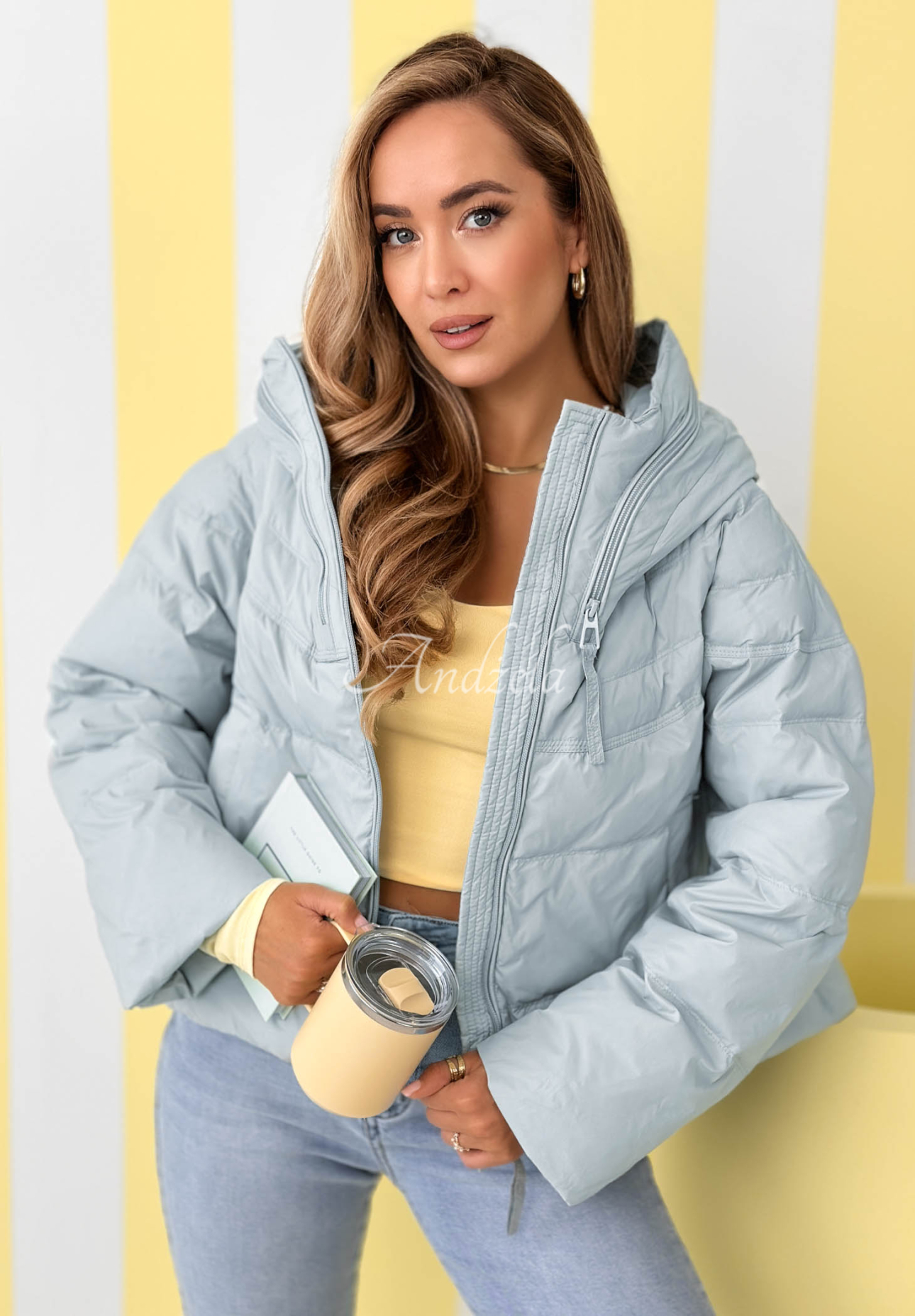 Must Believe short down jacket with hood, sky blue