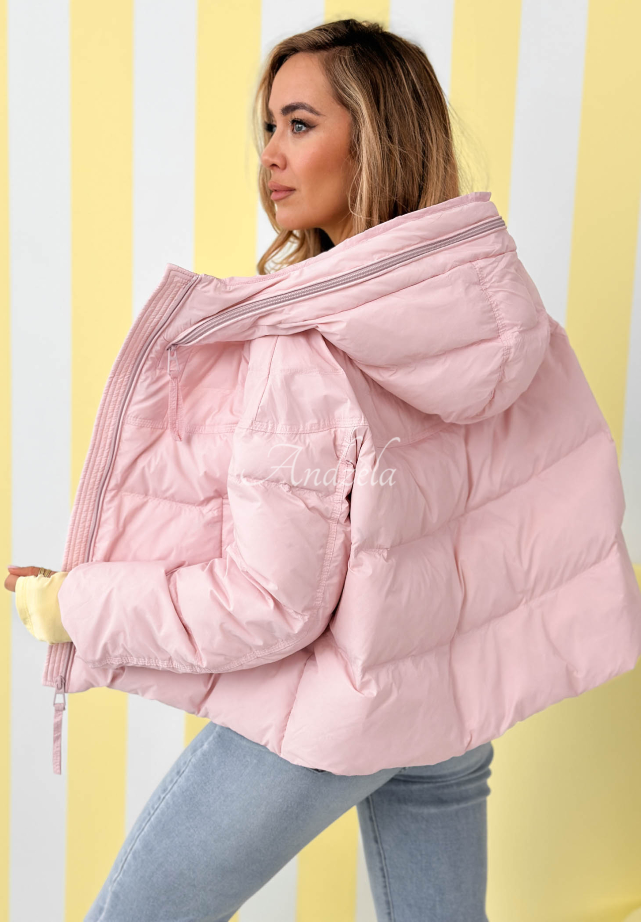 Must Believe powder pink short down jacket with hood