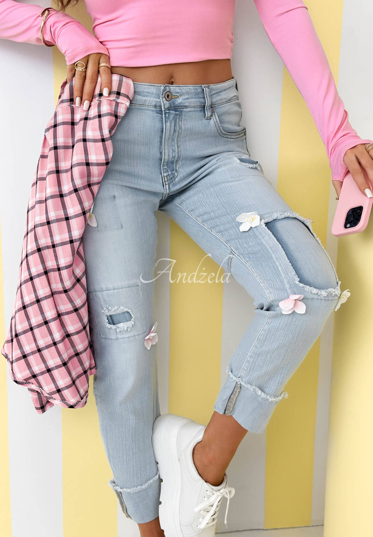 Mom fit jeans with Sweet Little Flowers print, light blue