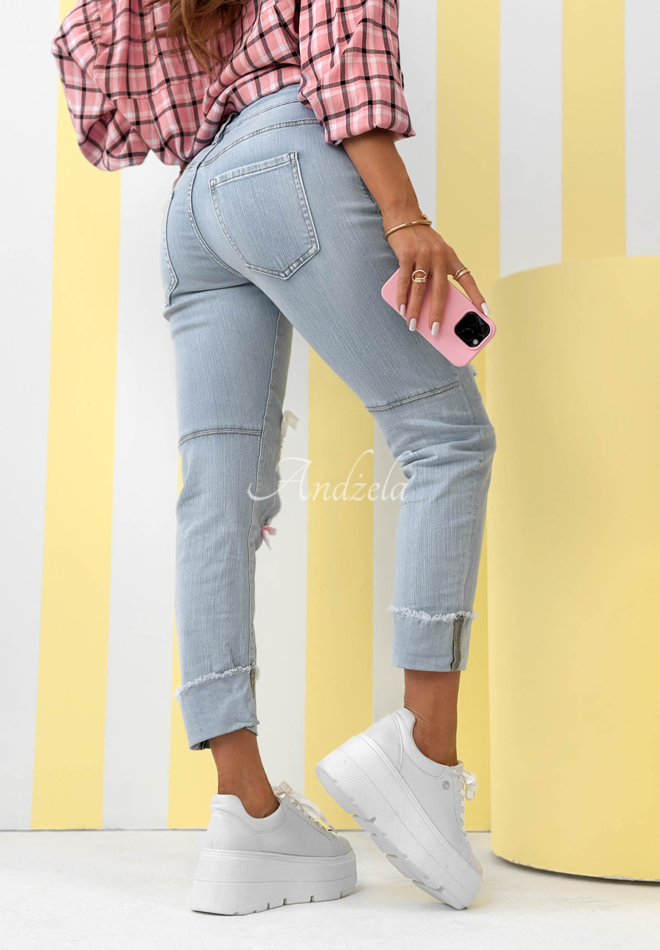 Mom fit jeans with Sweet Little Flowers print, light blue