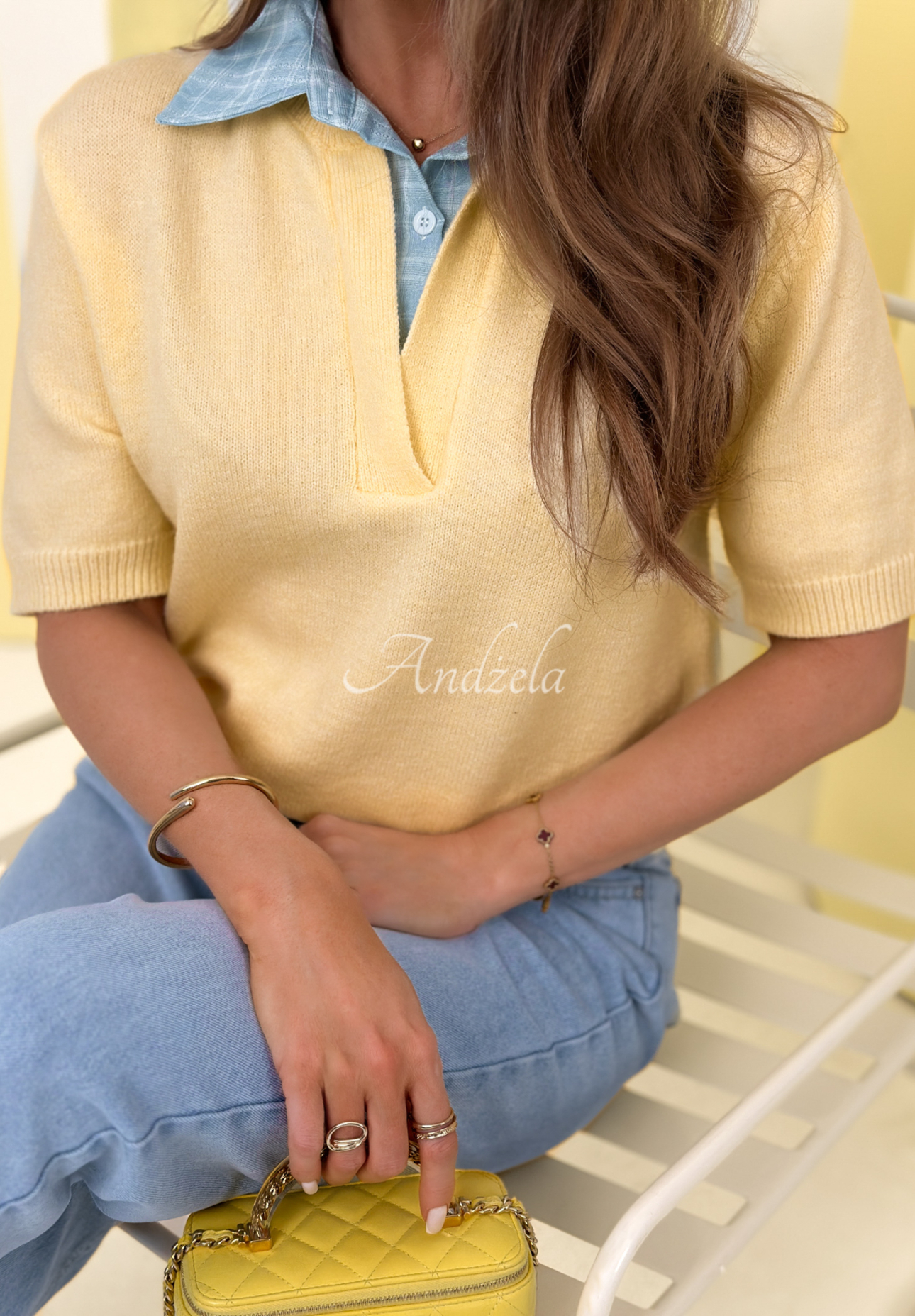 Viskose-Pullover mit Hemdeneinsatz Spring Wind Gelb