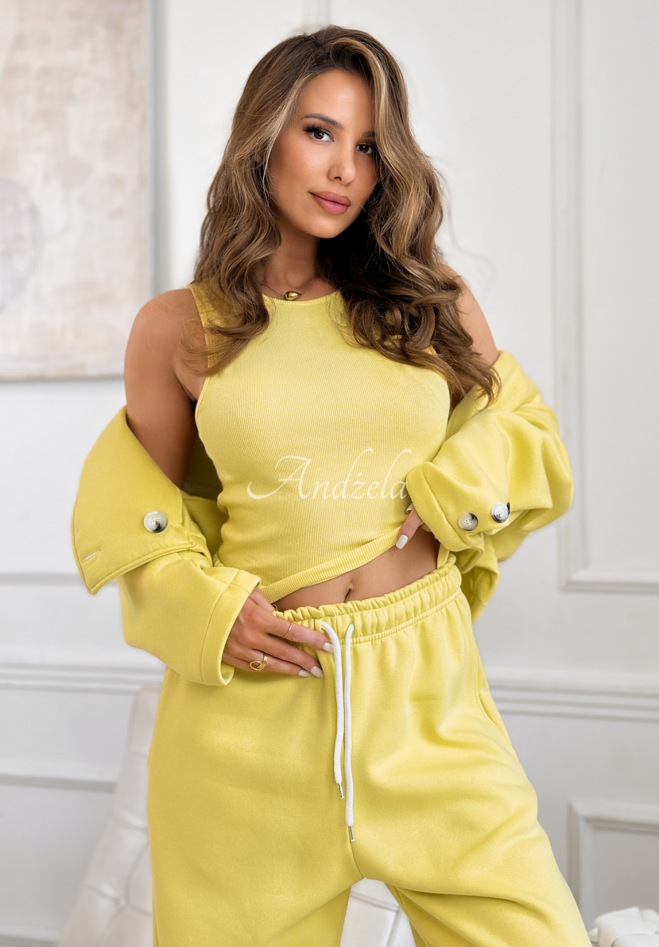 Baumwoll-Trainingsanzug Blazer, Hose und Top 3in1 Almost There Limette