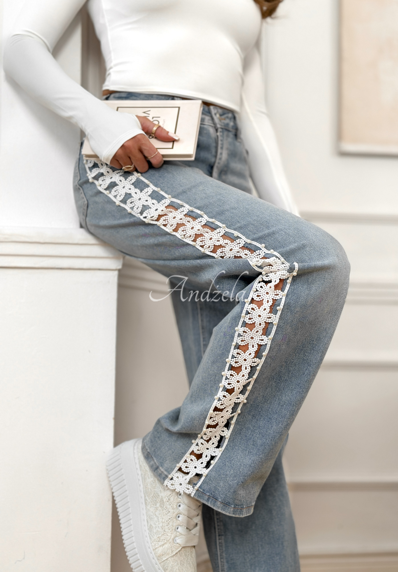 Straight jeans with lace stripes On Point Fit light blue
