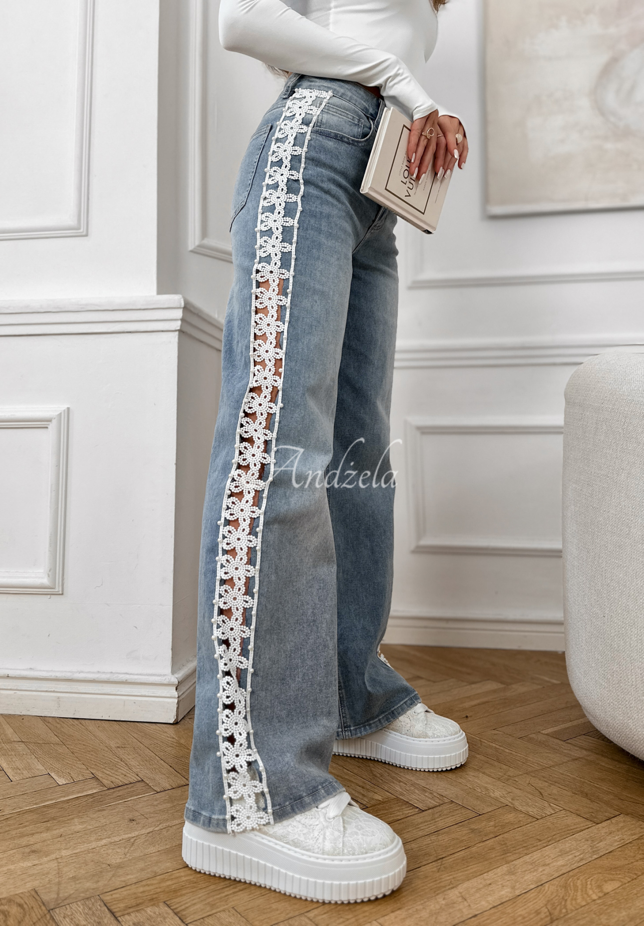 Straight jeans with lace stripes On Point Fit light blue