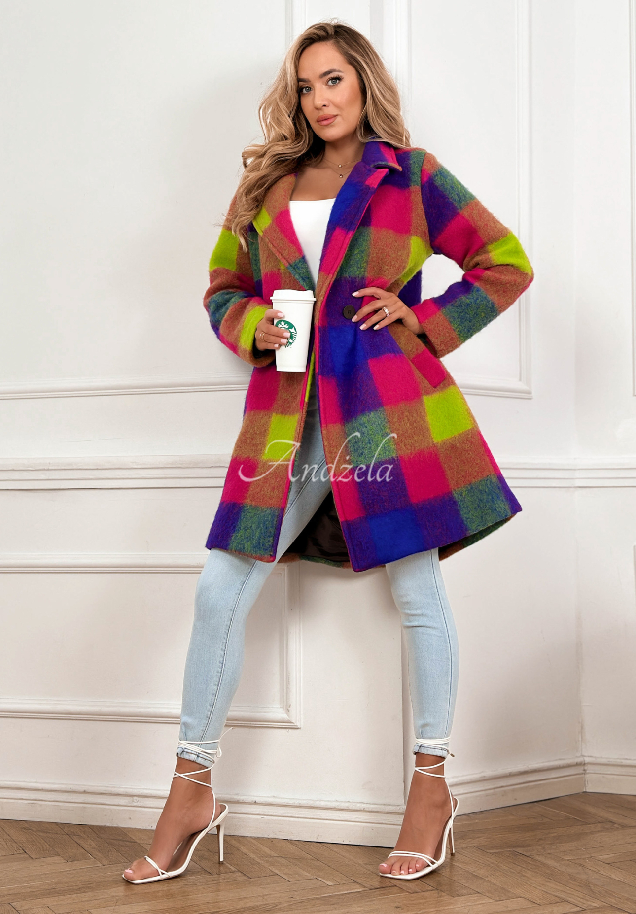 Coat with checkered collar and Spring Sunrise purple and yellow wool