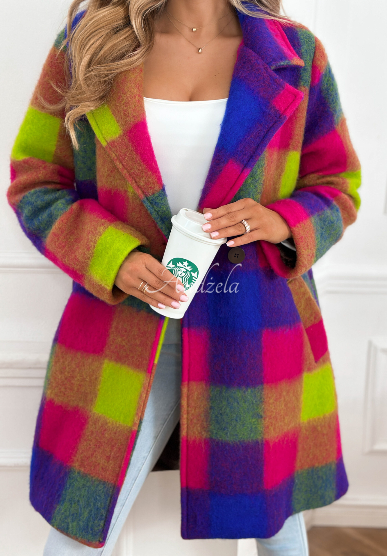 Coat with checkered collar and Spring Sunrise purple and yellow wool