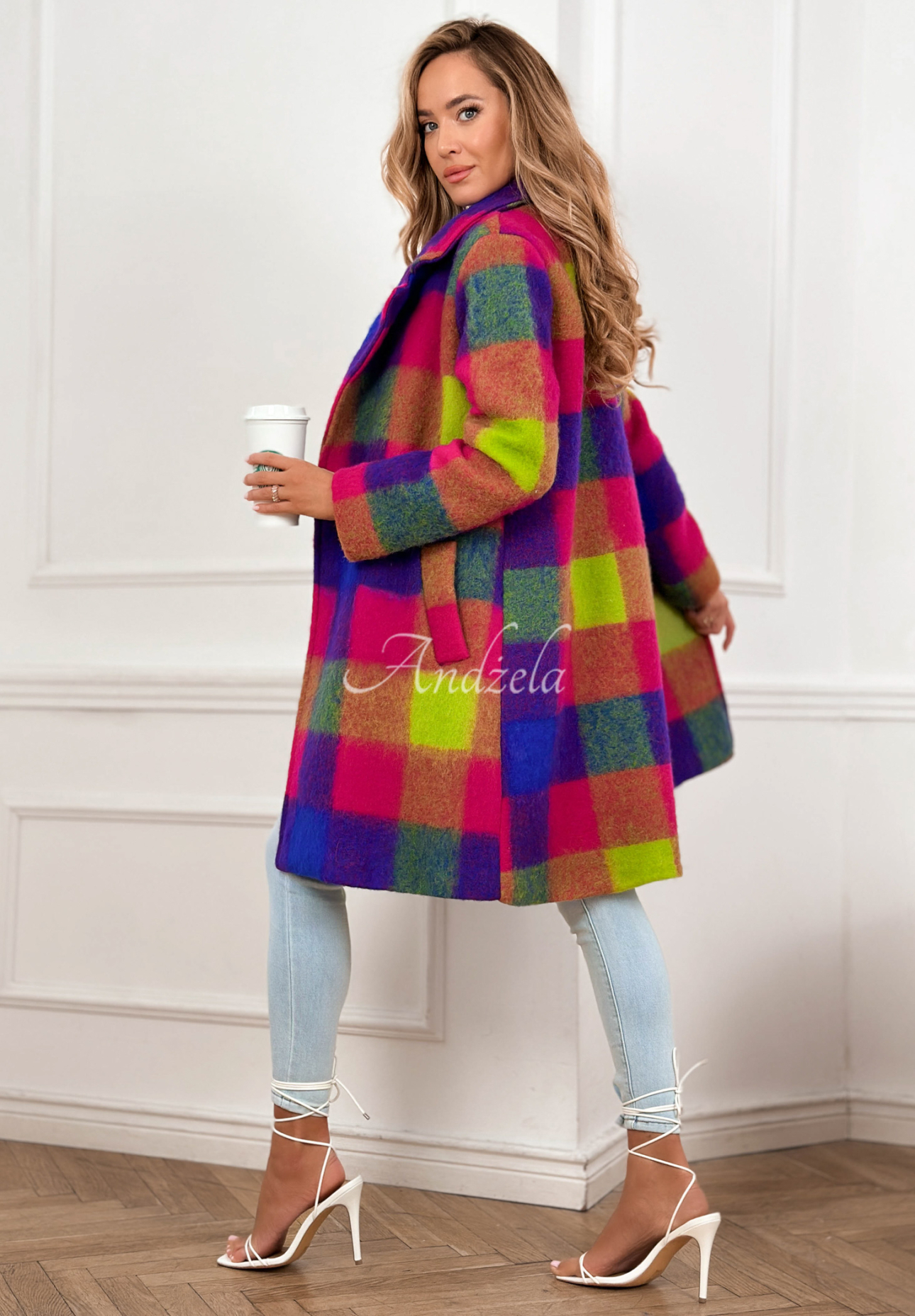Coat with checkered collar and Spring Sunrise purple and yellow wool