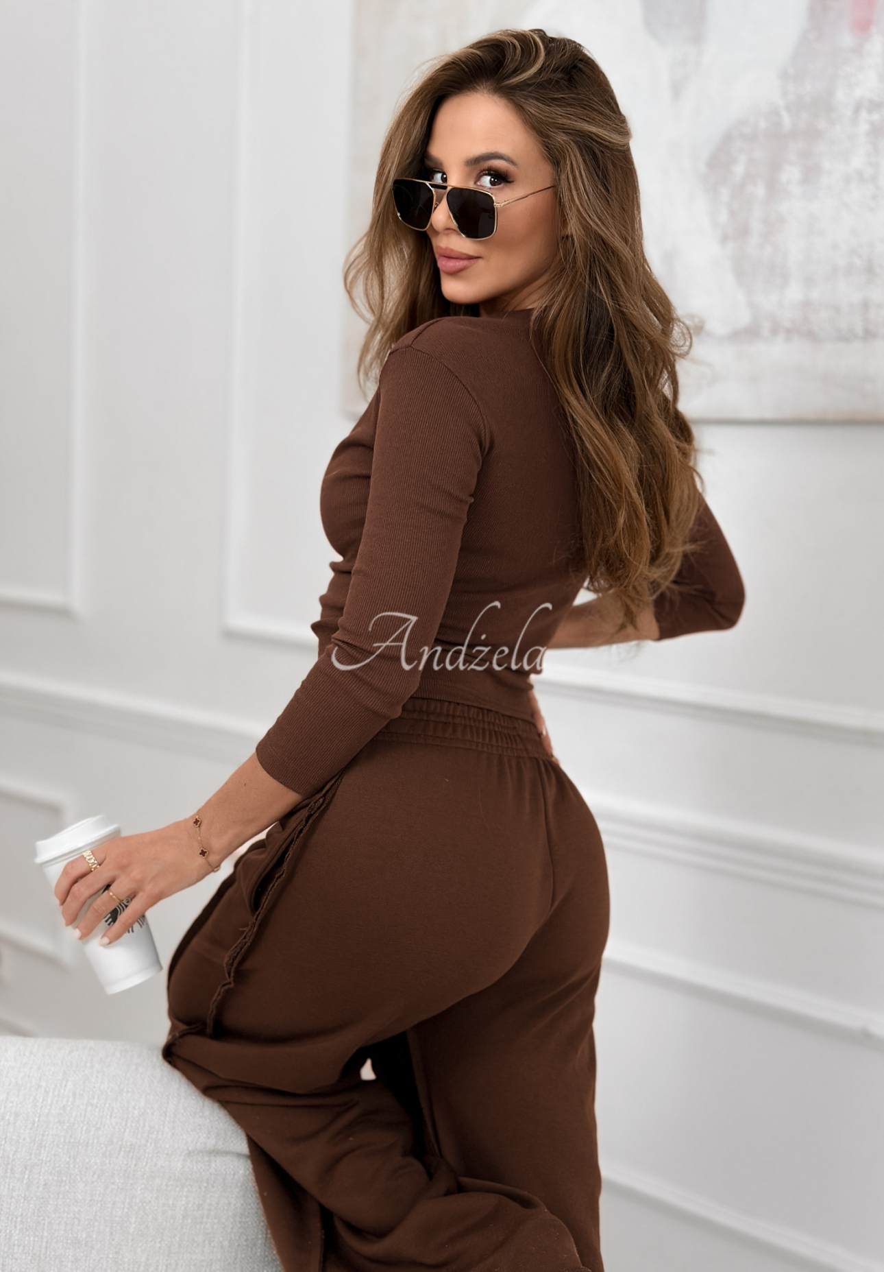 Baumwollset Bluse und Hose wide leg Spring Charm Schokoladenbraun