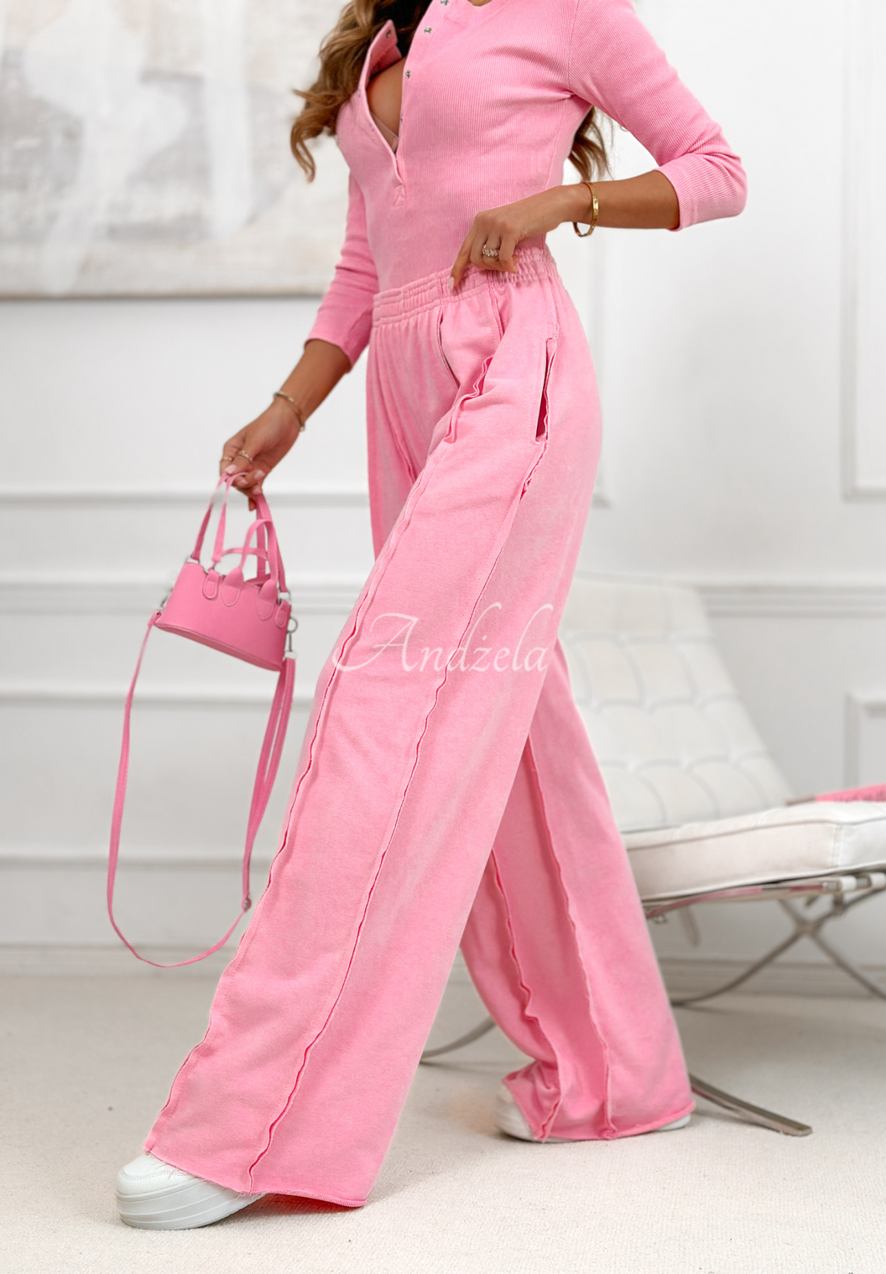 Cotton blouse and wide-leg pants set Spring Charm pink