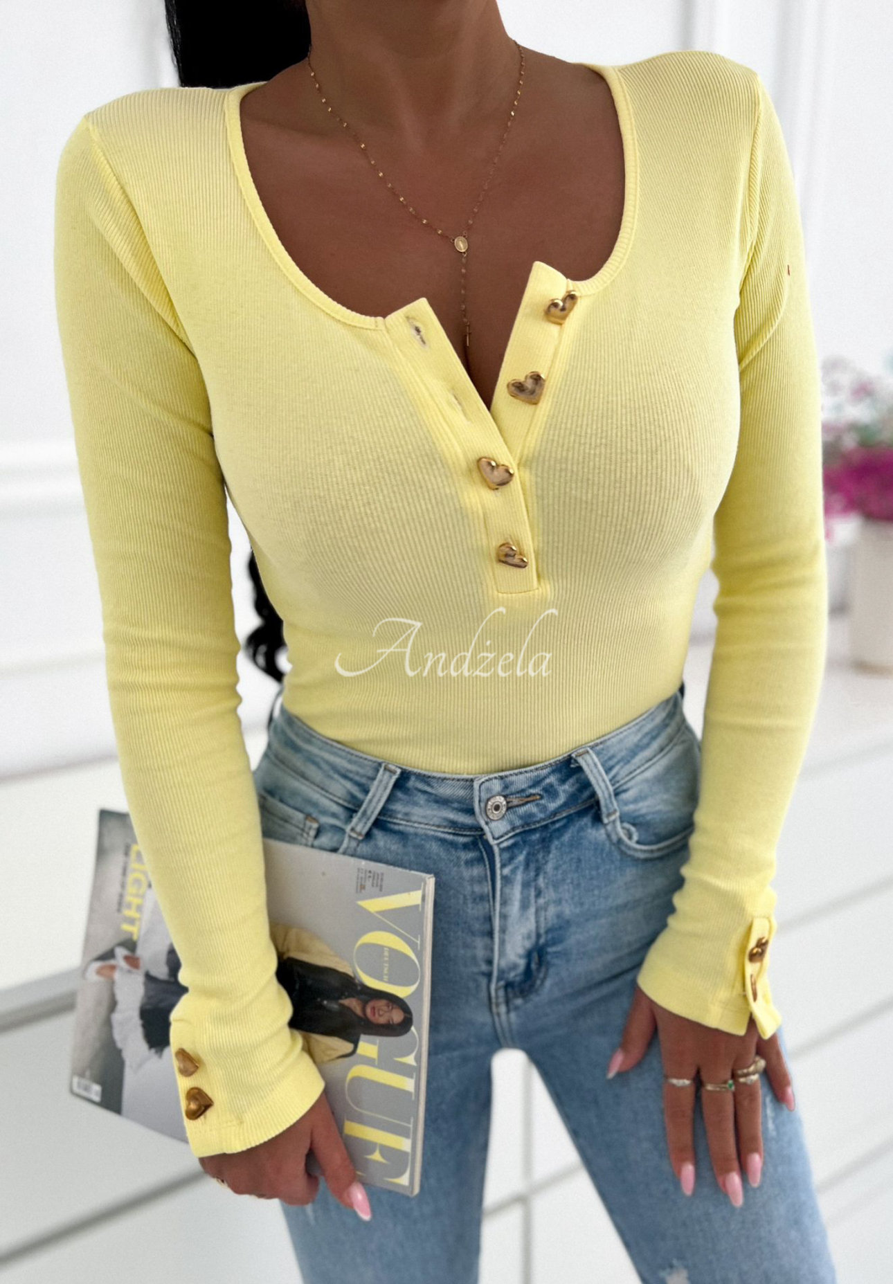 Cotton ribbed blouse with decorative buttons Playdate yellow
