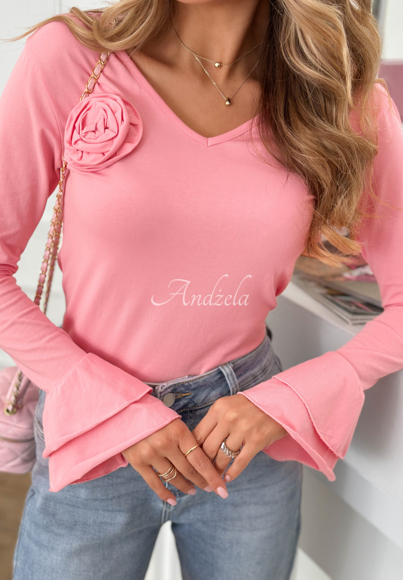 Baumwollbluse mit Rose und Rüschen You Know Why Rosa