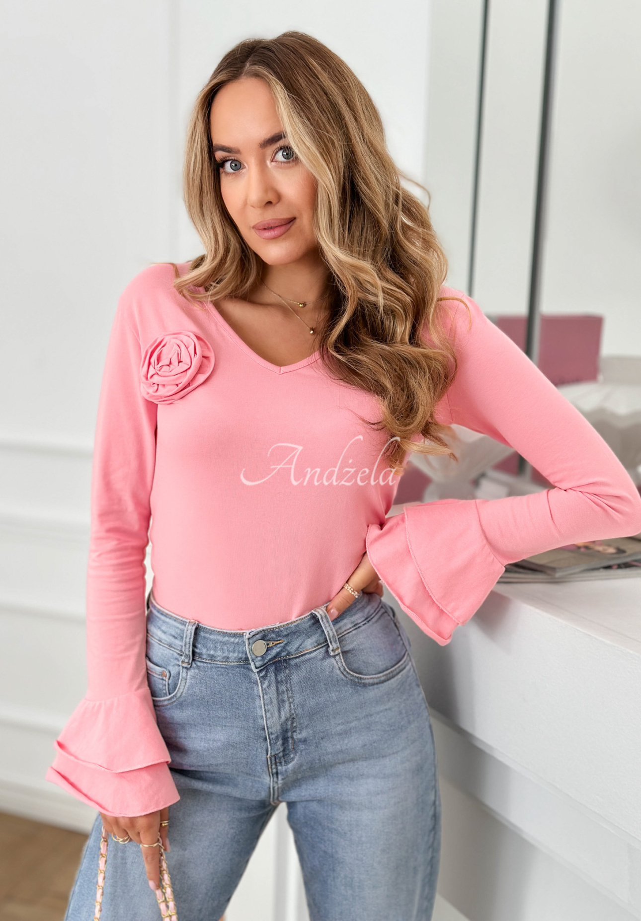 Cotton blouse with rose and frill You Know Why pink