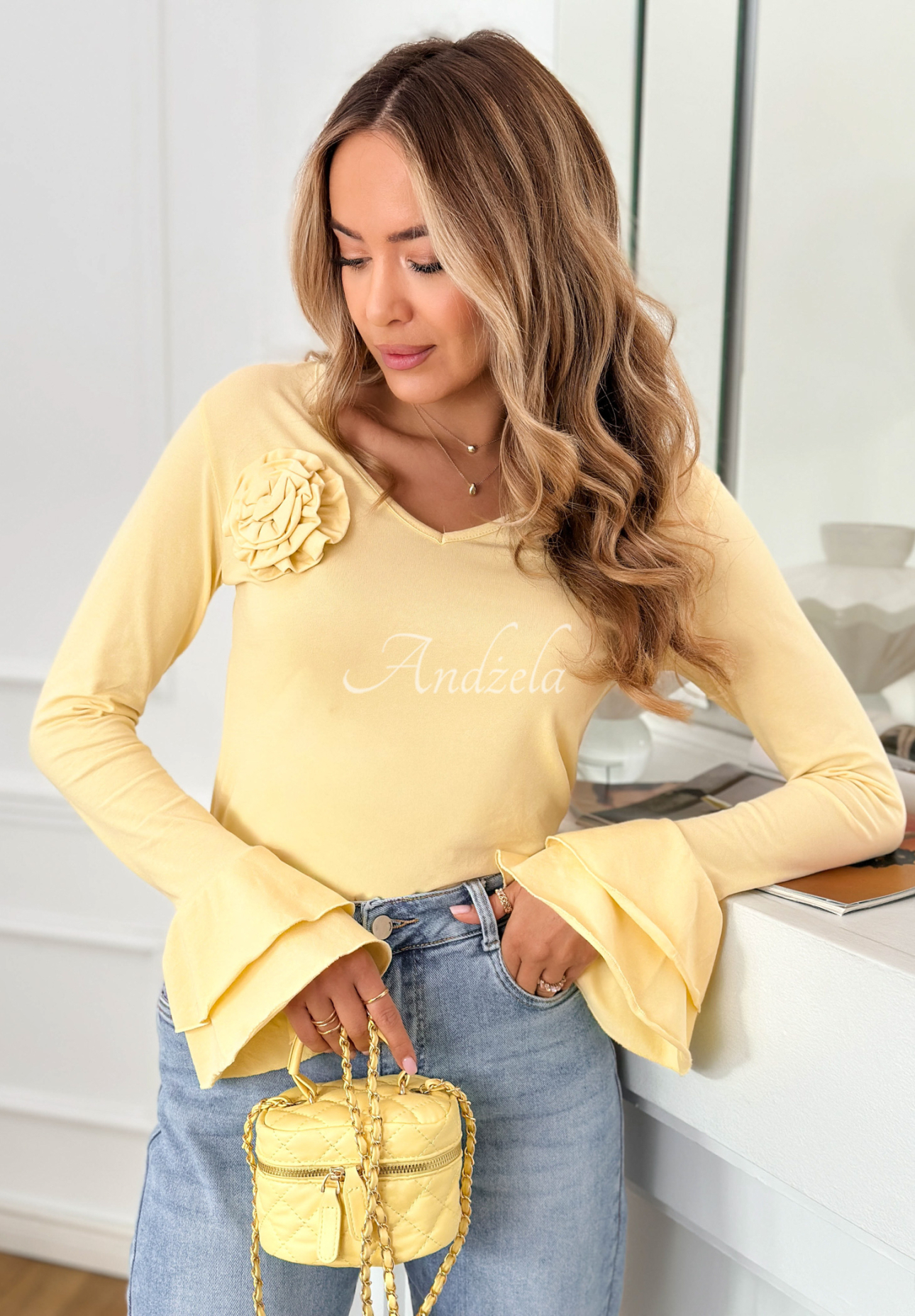 Baumwollbluse mit Rose und Rüschen You Know Why Gelb