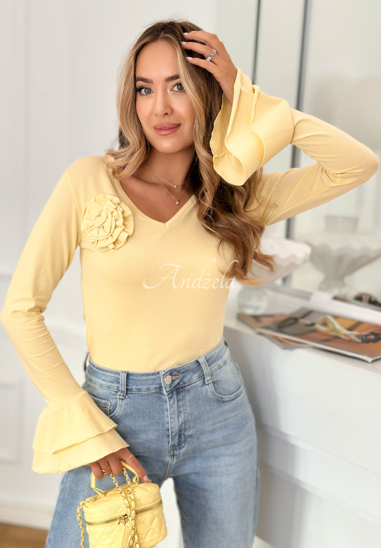 Cotton blouse with rose and frill You Know Why yellow