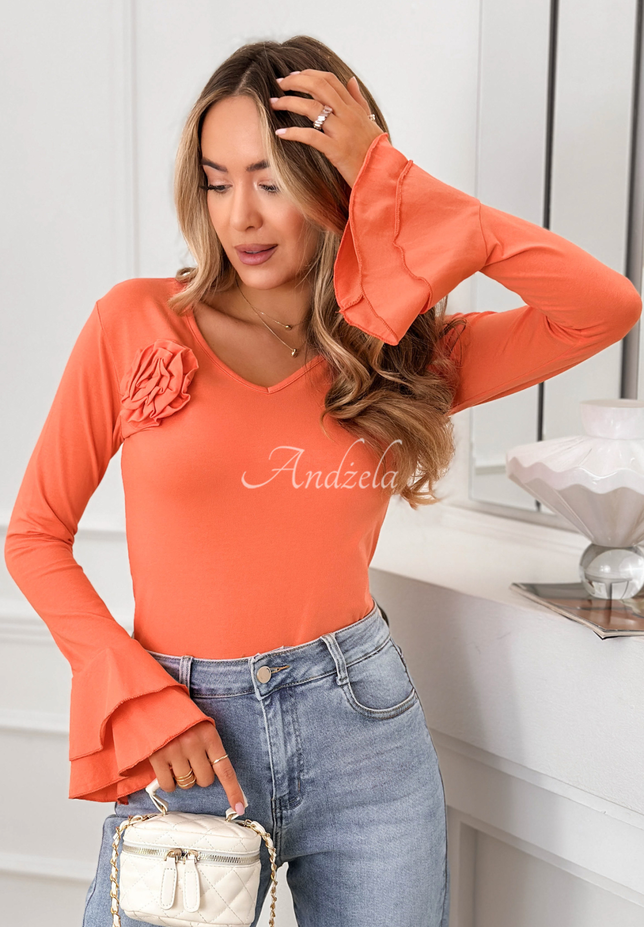 Cotton blouse with rose and frill You Know Why orange
