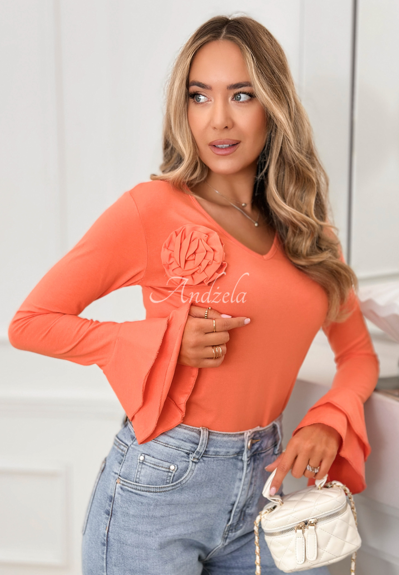 Cotton blouse with rose and frill You Know Why orange