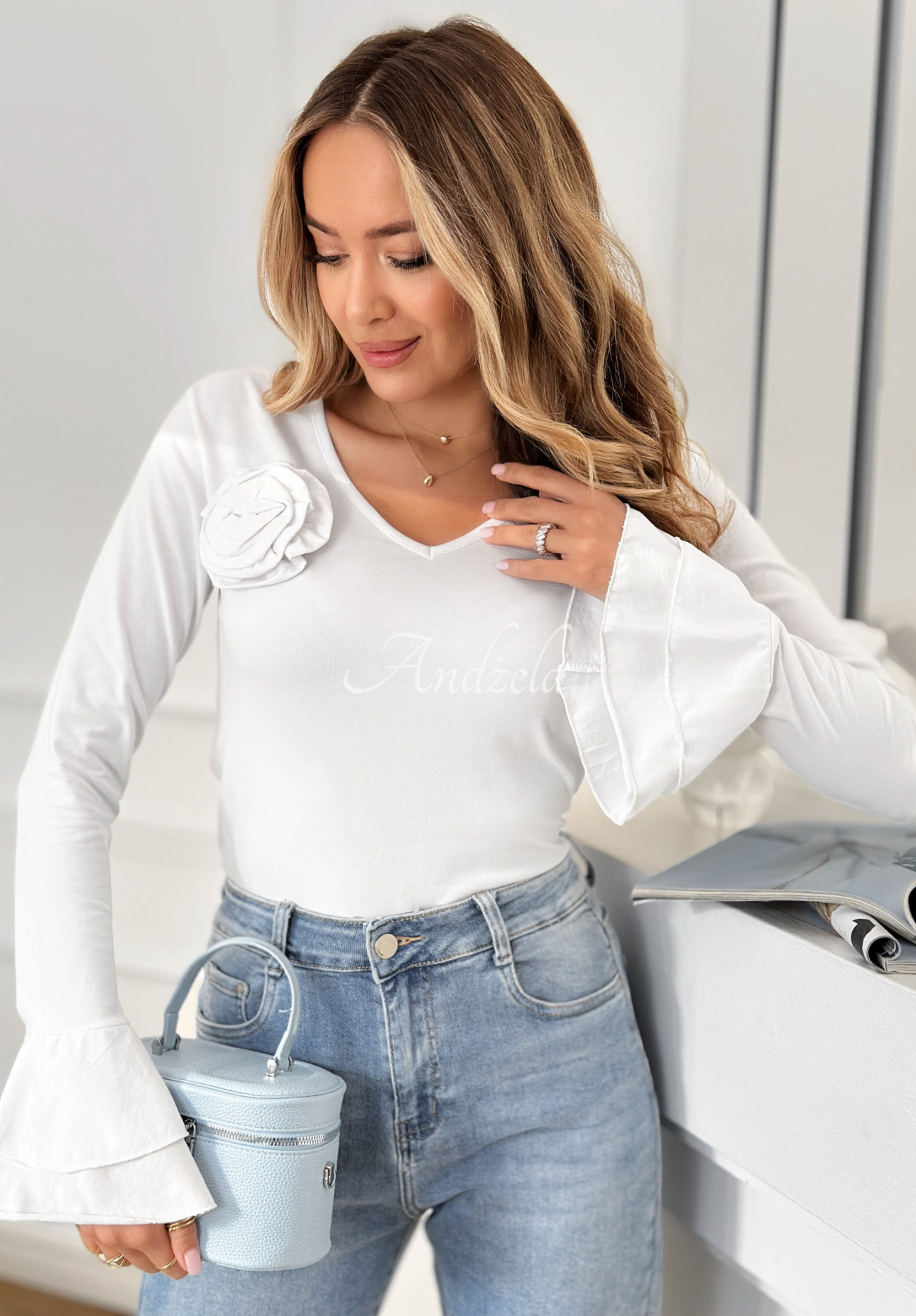 Baumwollbluse mit Rose und Rüschen You Know Why Weiß