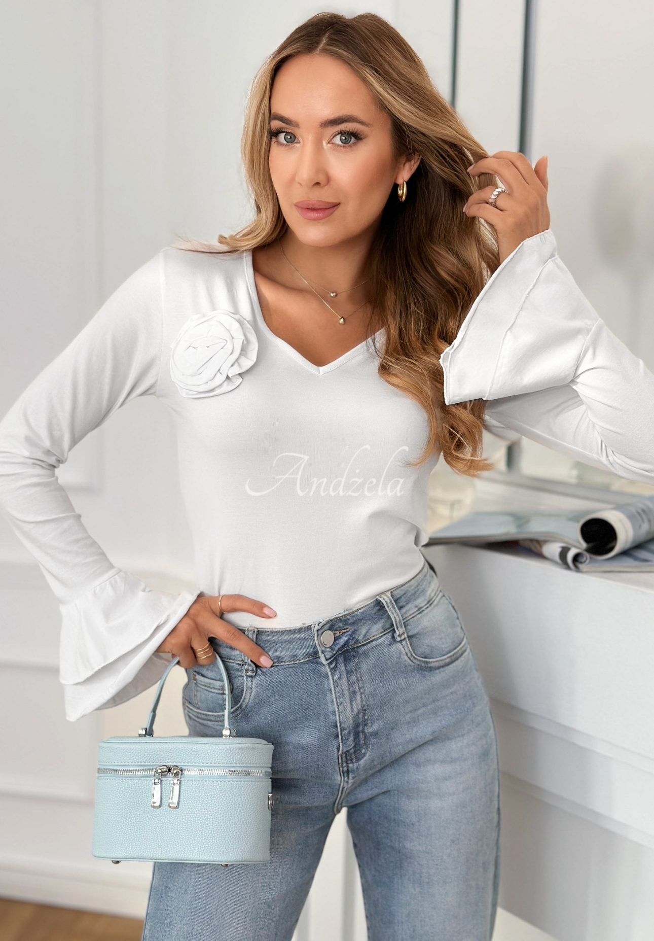 Baumwollbluse mit Rose und Rüschen You Know Why Weiß