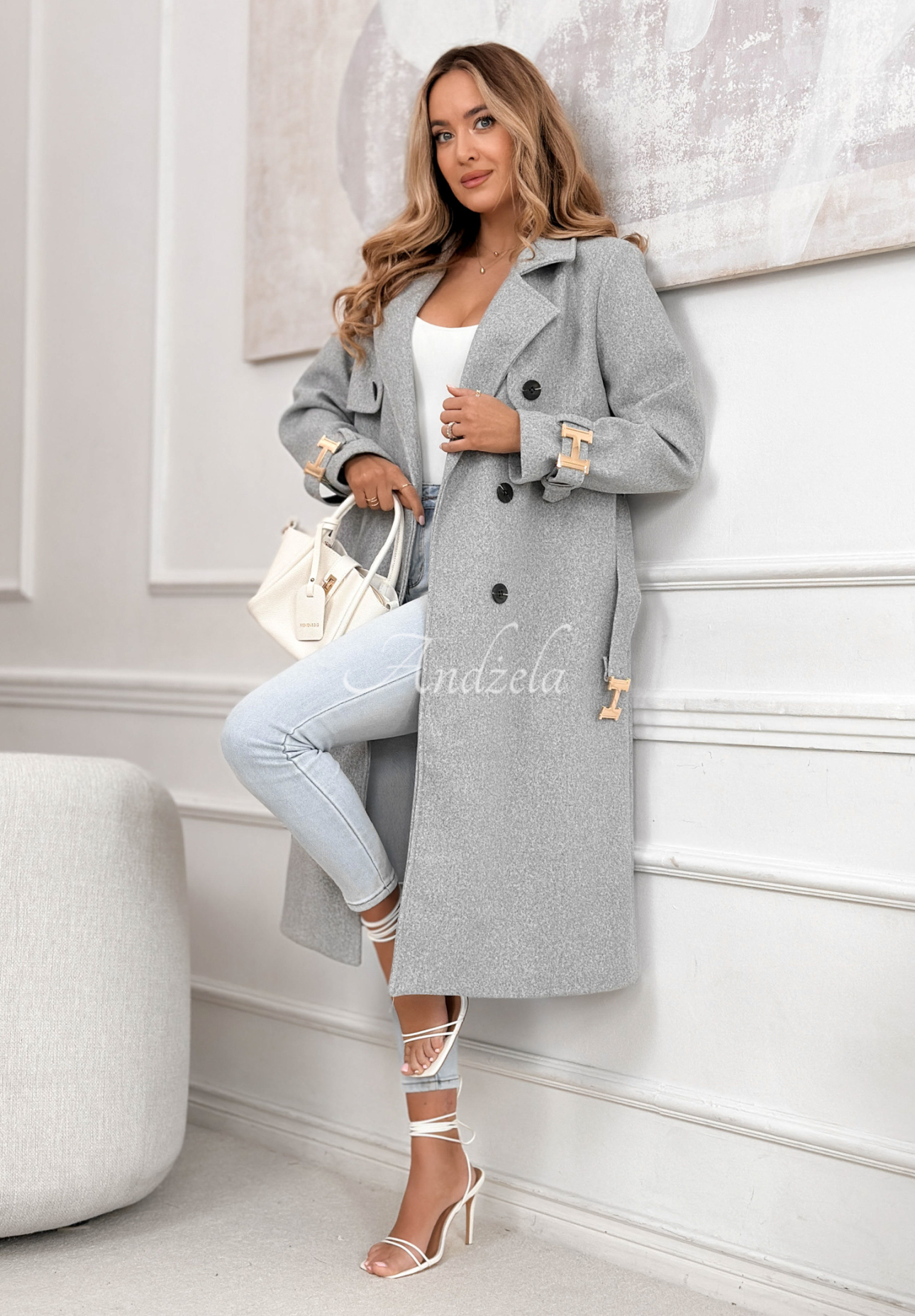 Langer zweireihiger Mantel mit Gürtel Changing Of Seasons Grau