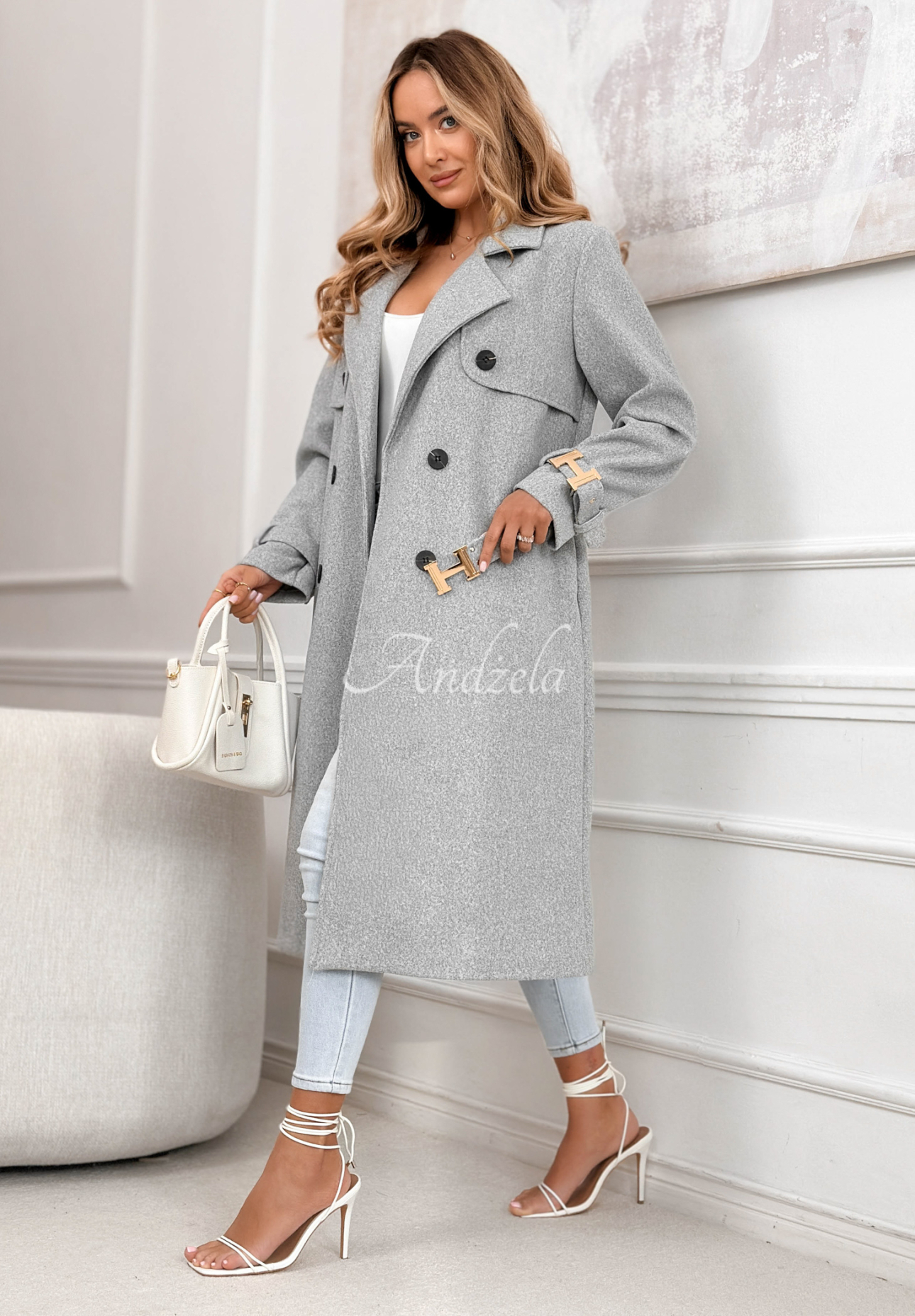 Changing Of Seasons long double-breasted coat with belt, gray