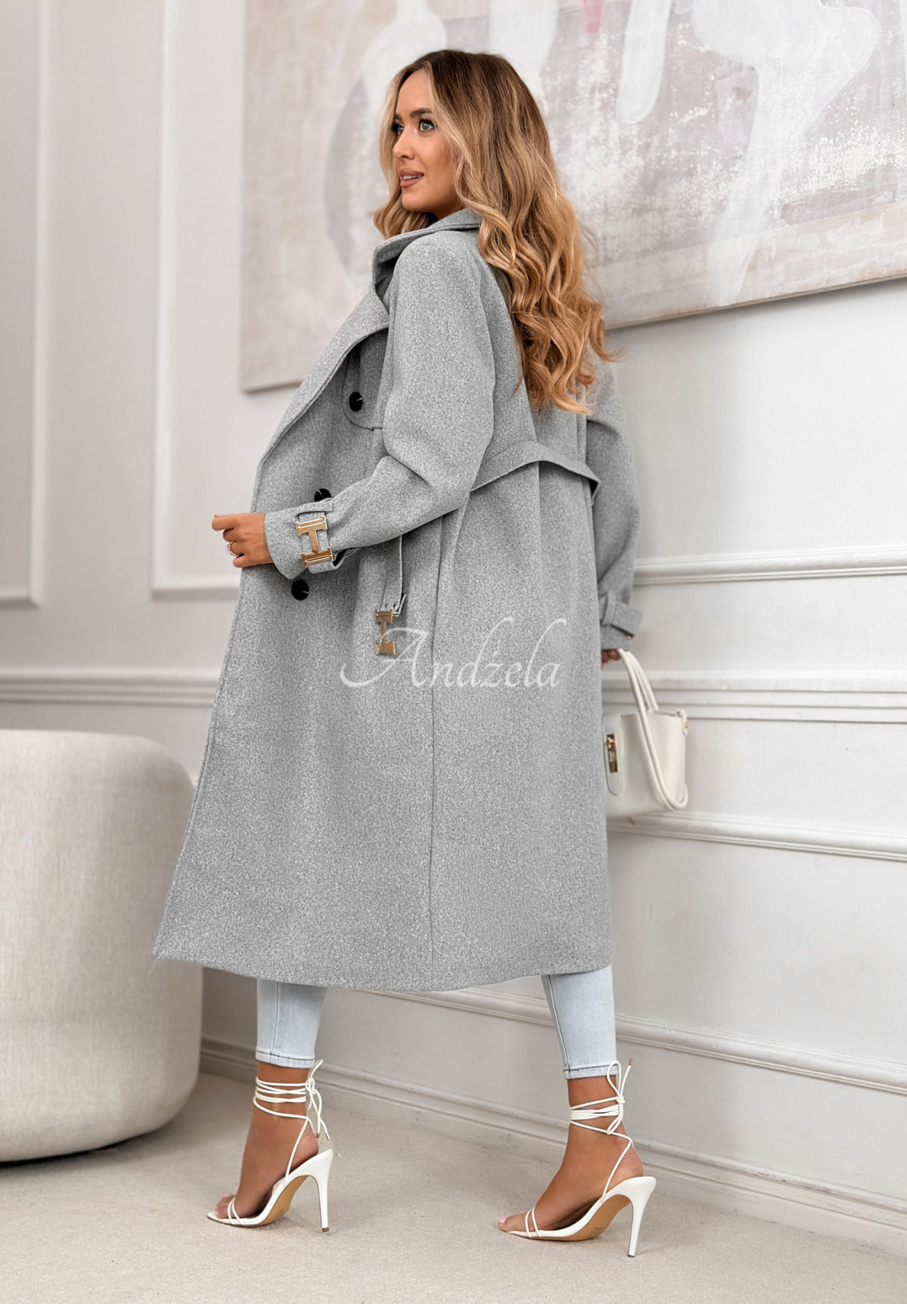 Changing Of Seasons long double-breasted coat with belt, gray