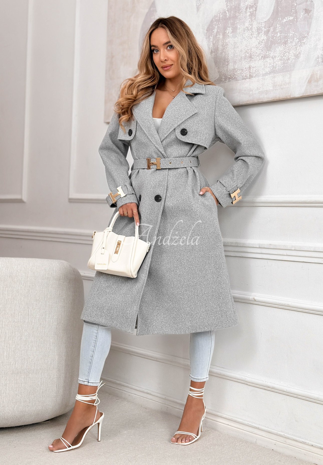 Changing Of Seasons long double-breasted coat with belt, gray