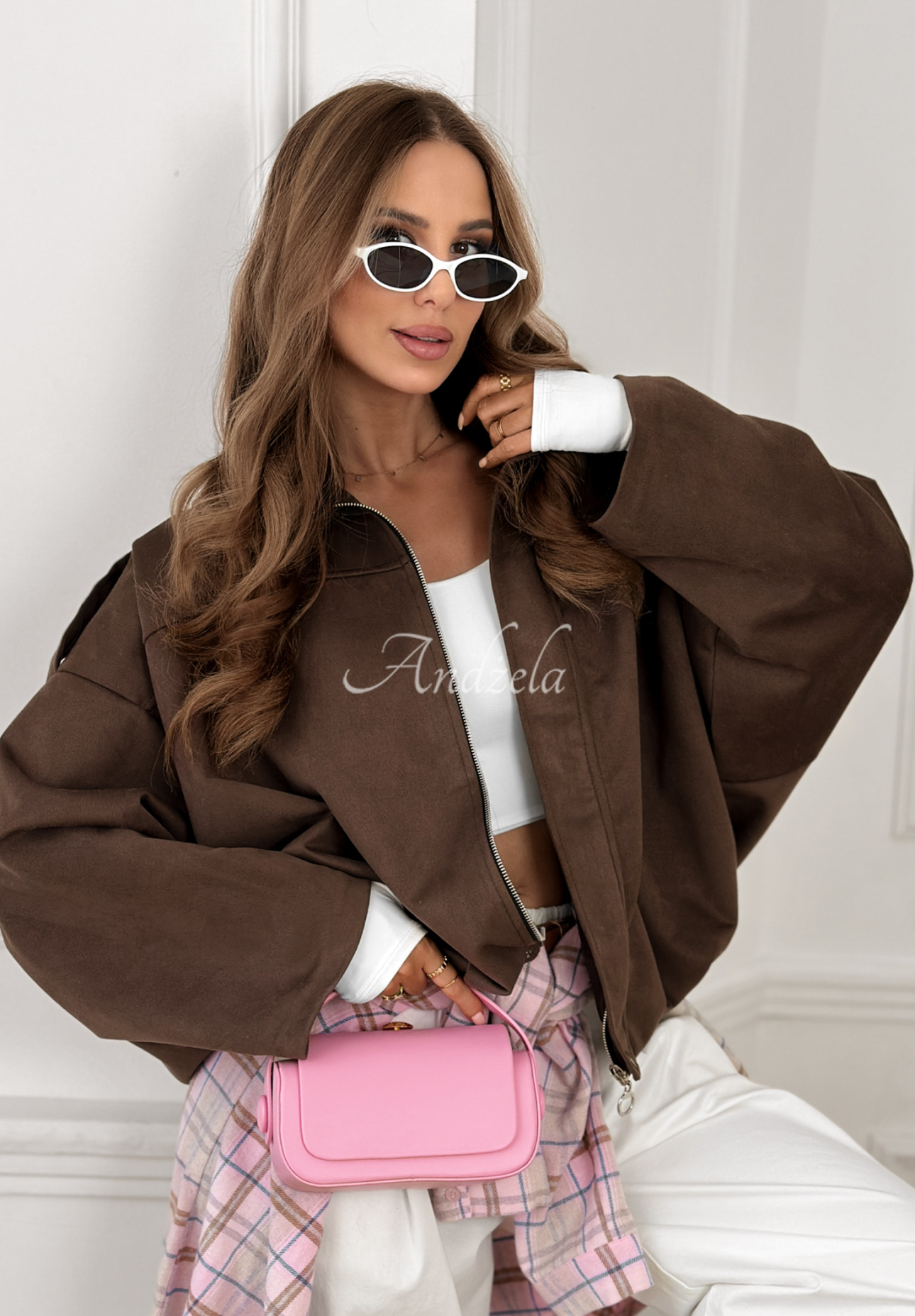 Early Season chocolate brown oversized suede bomber jacket
