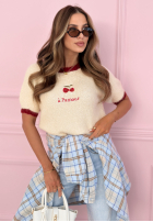Pullover z haftowanymi wisienkami Cherry Pamour Ecru