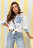 Koszula z jeansowymi wstawkami i koronką New Beauty biało-niebieska