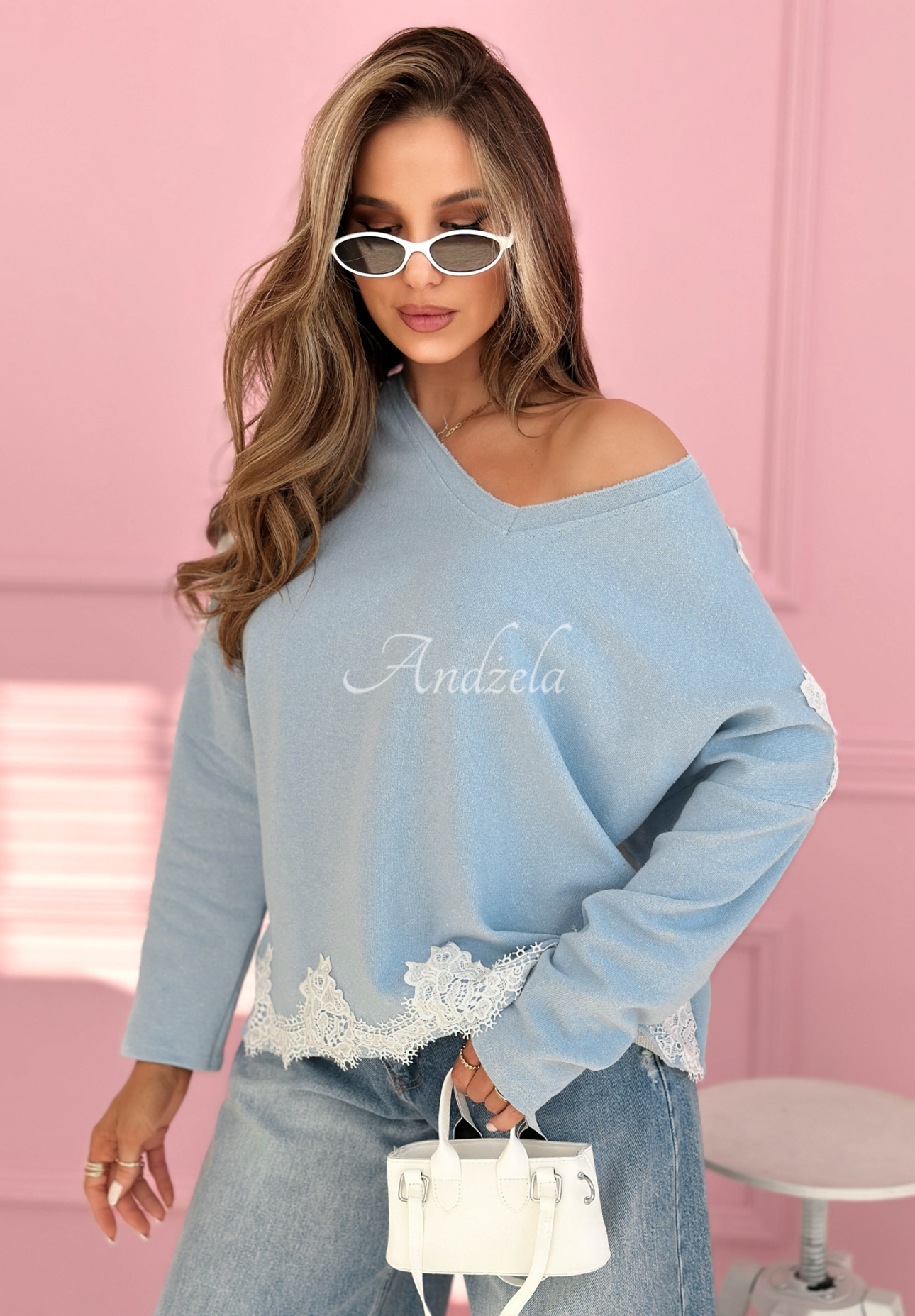 Baumwoll-Sweatshirt mit Spitze Softness And Lace Himmelblau