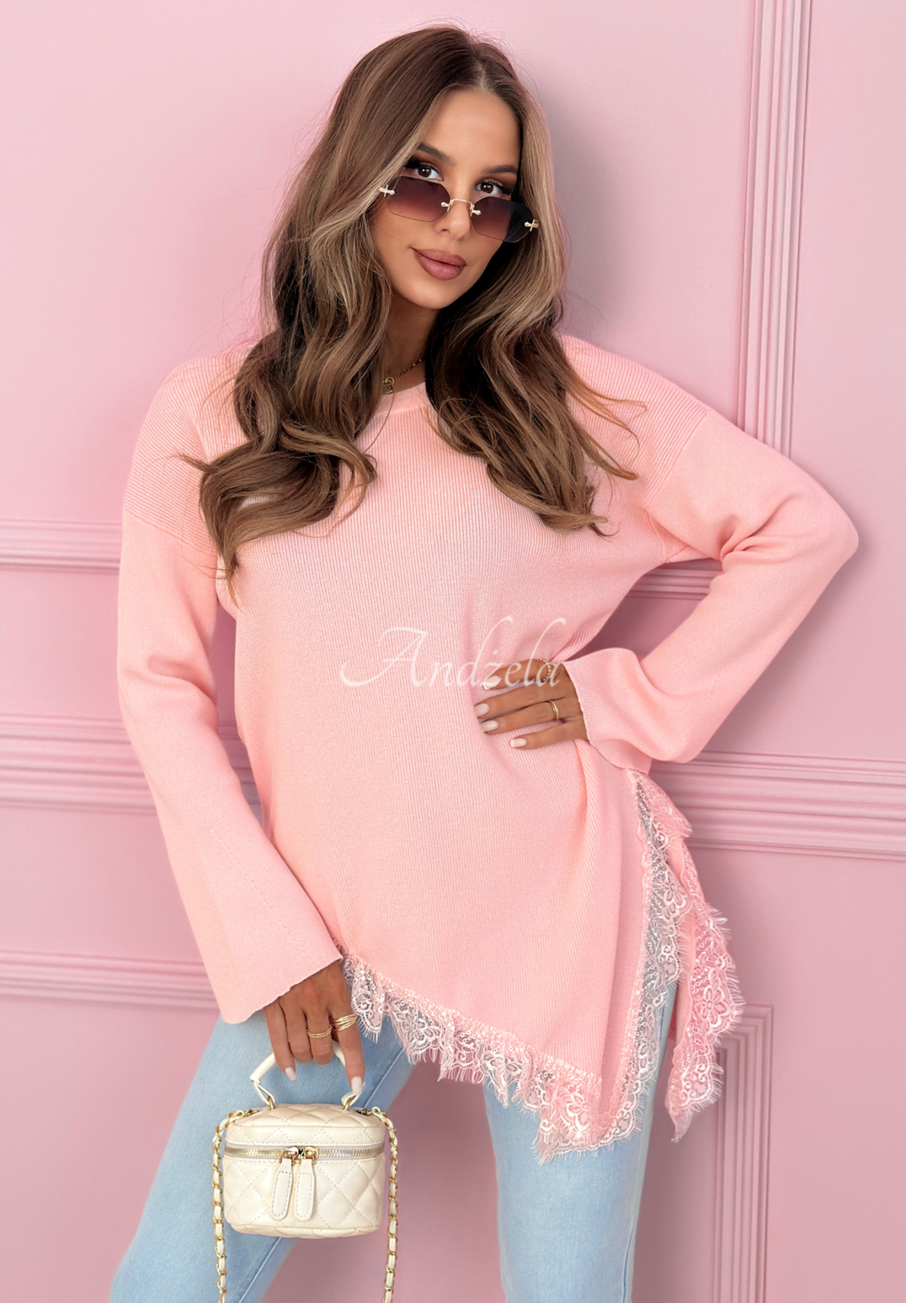 Viscose asymmetrical sweater with lace Fresh Start powder pink