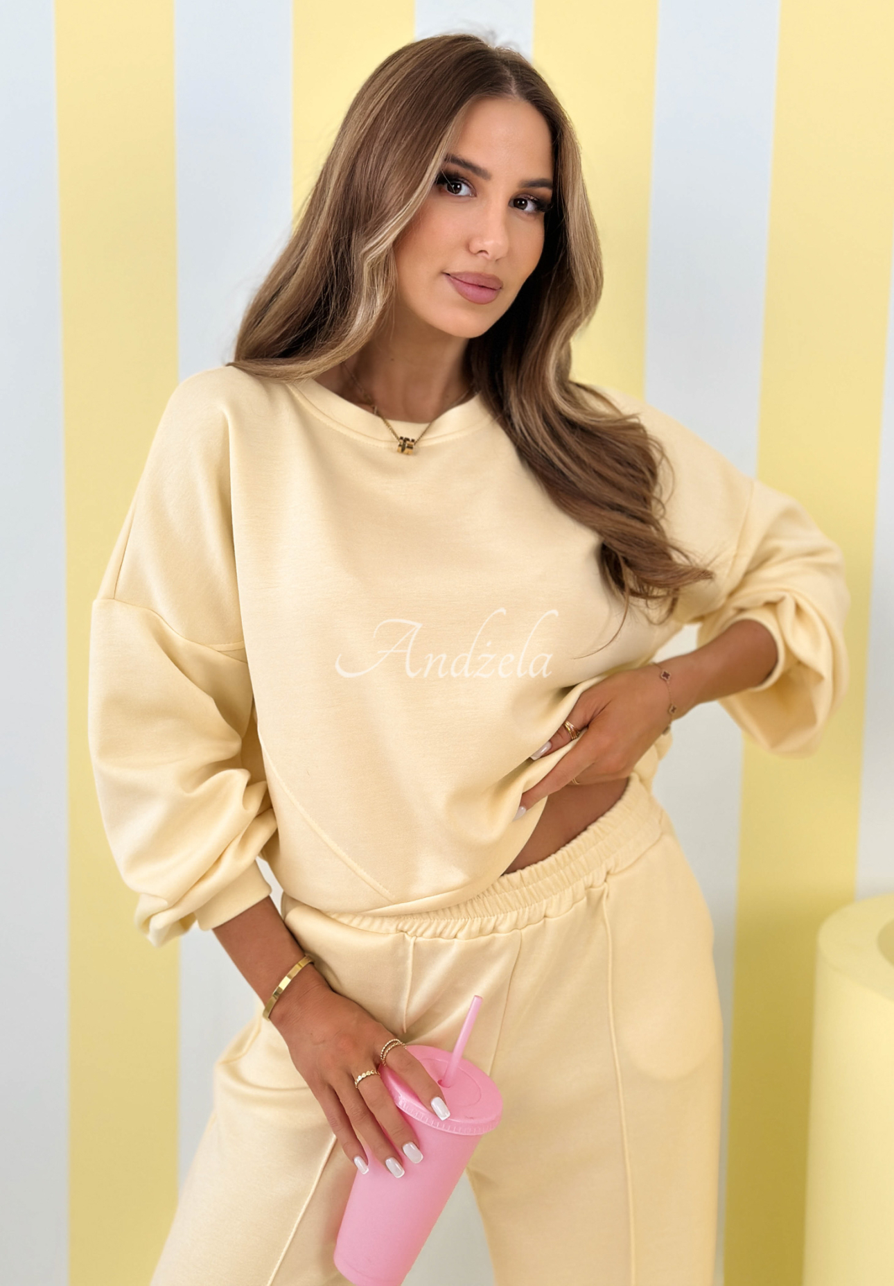 Full Of Motivation yellow viscose tracksuit set