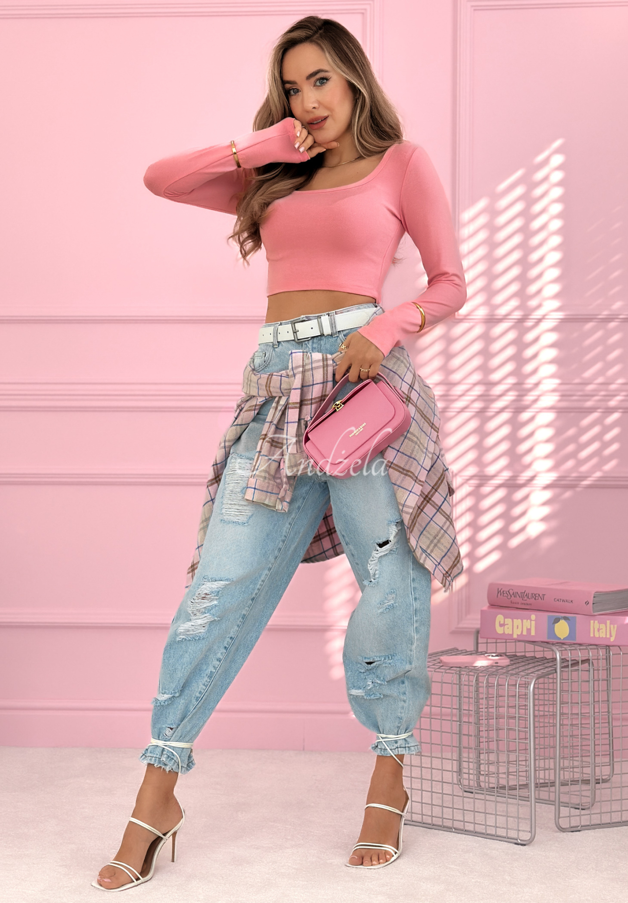 Kurze Viskosebluse mit eckigem Ausschnitt Wasn’t Ready Rosa