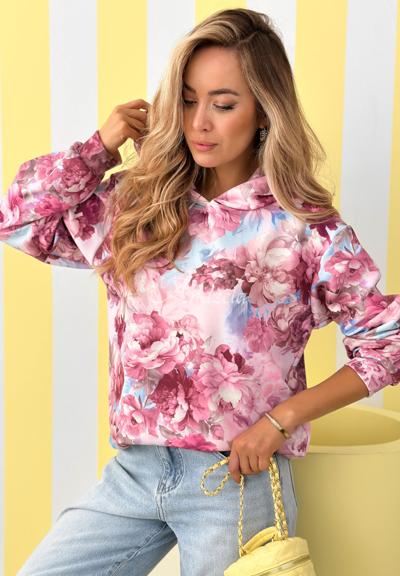 Hoodie aus Viskose mit Blumenmuster Freshly Cut Flowers Rosa