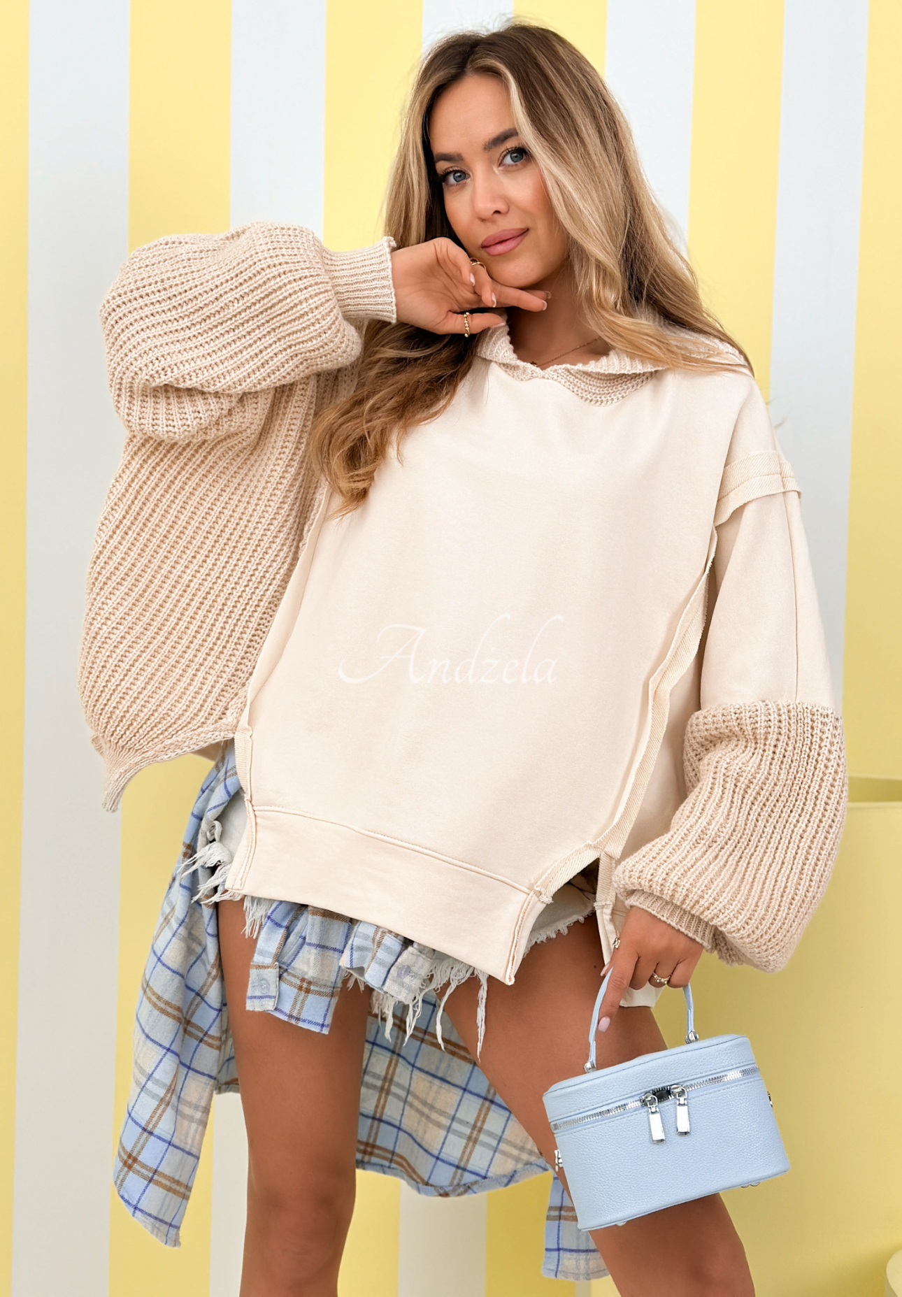 Baumwoll-Sweatshirt mit gestrickter Kapuze und Ärmeln Think About It Beige