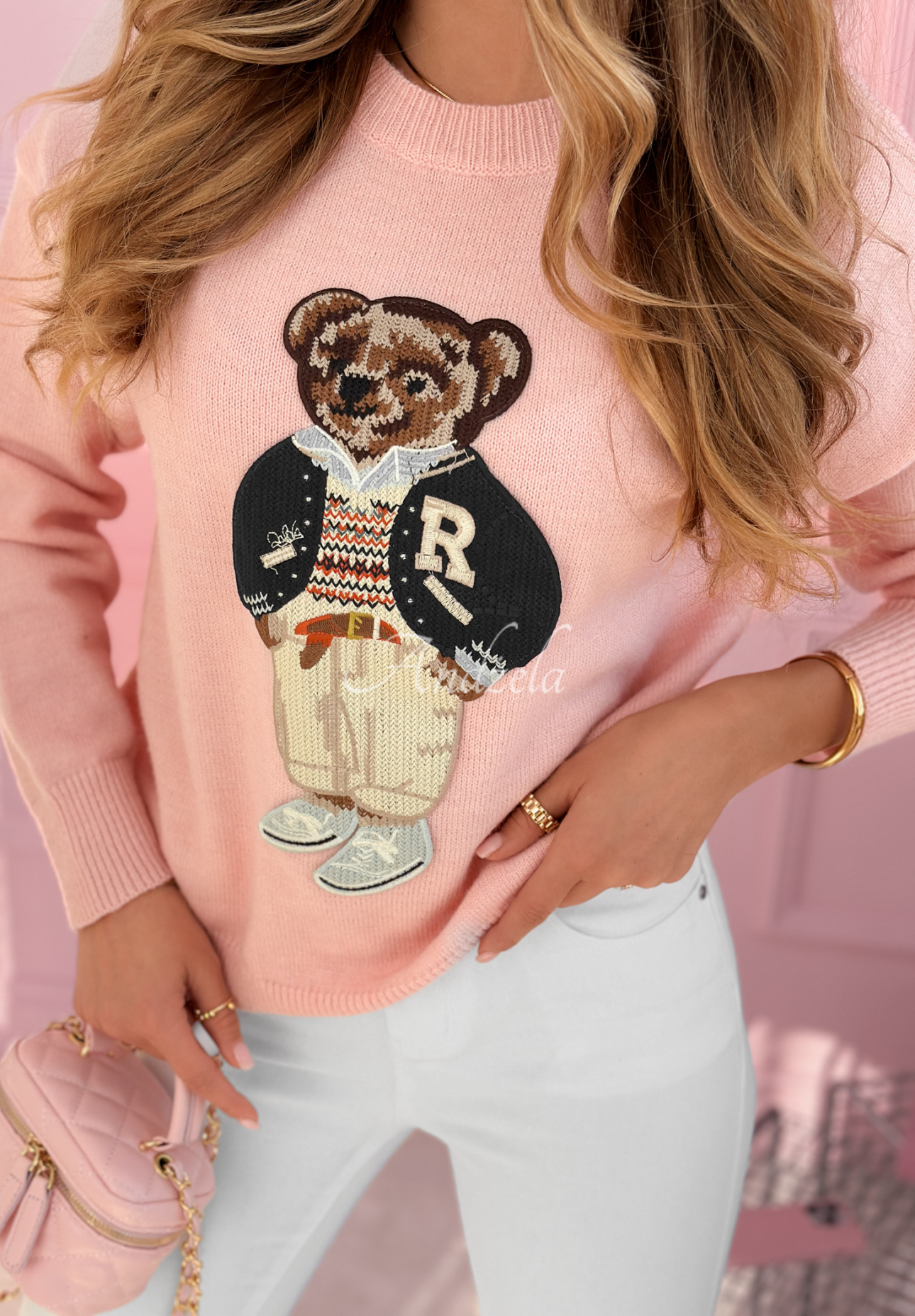 Viskosepullover mit Teddybär Bear Ronnie Puderrosa