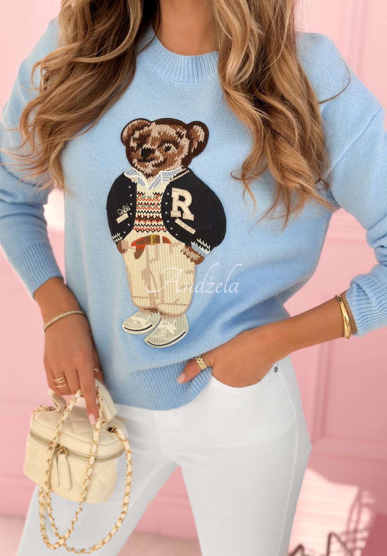 Viskosepullover mit Teddybär Bear Ronnie Himmelblau