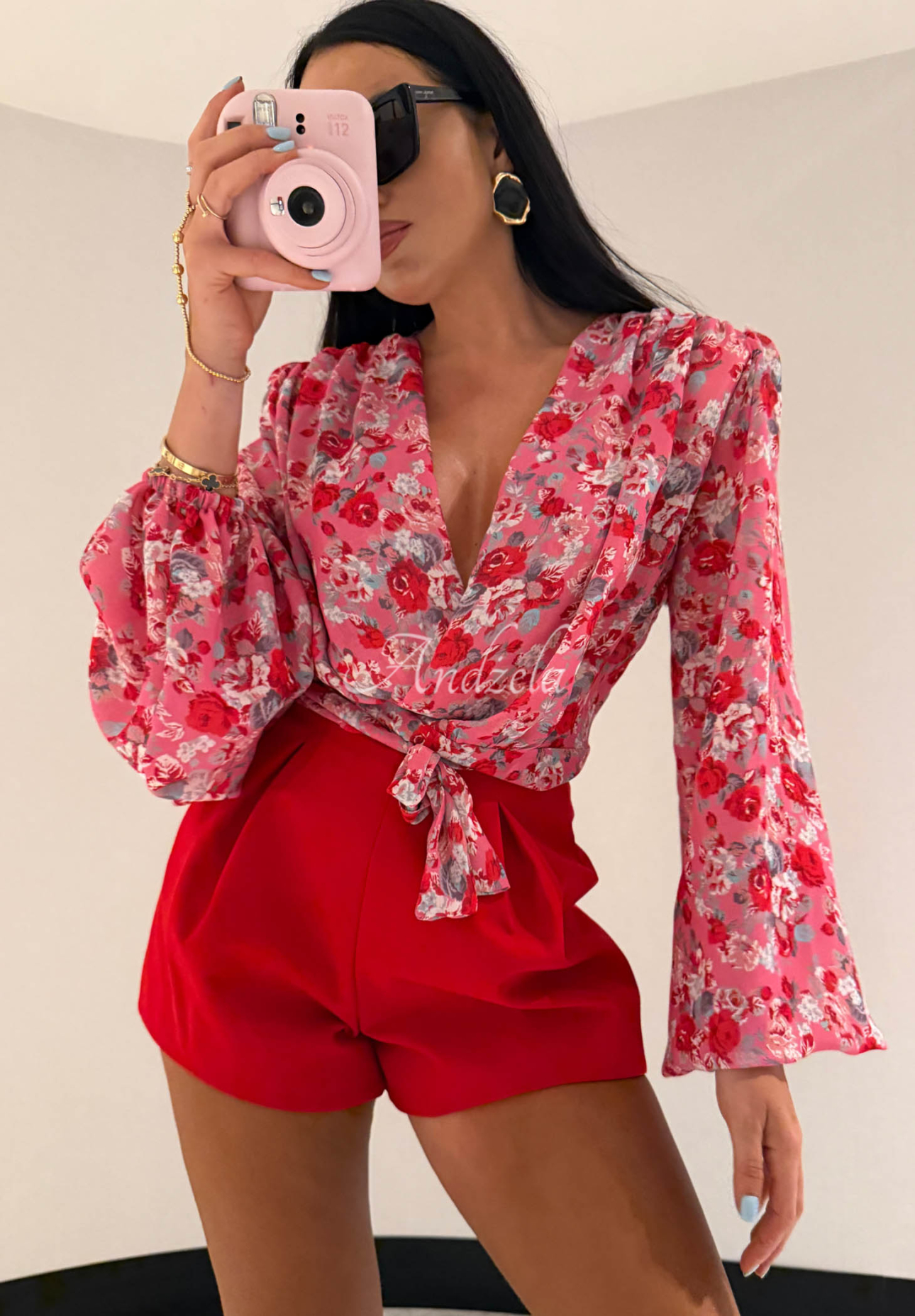 La Milla Khloe pink viscose floral blouse with tie