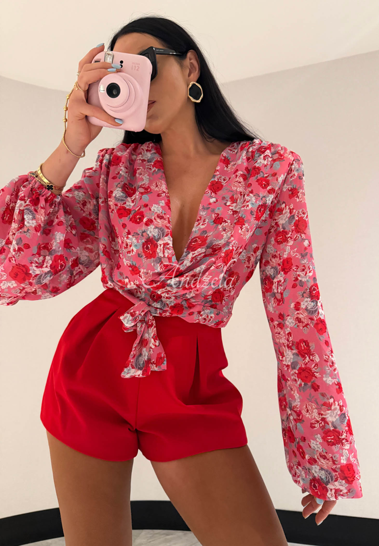 La Milla Khloe pink viscose floral blouse with tie