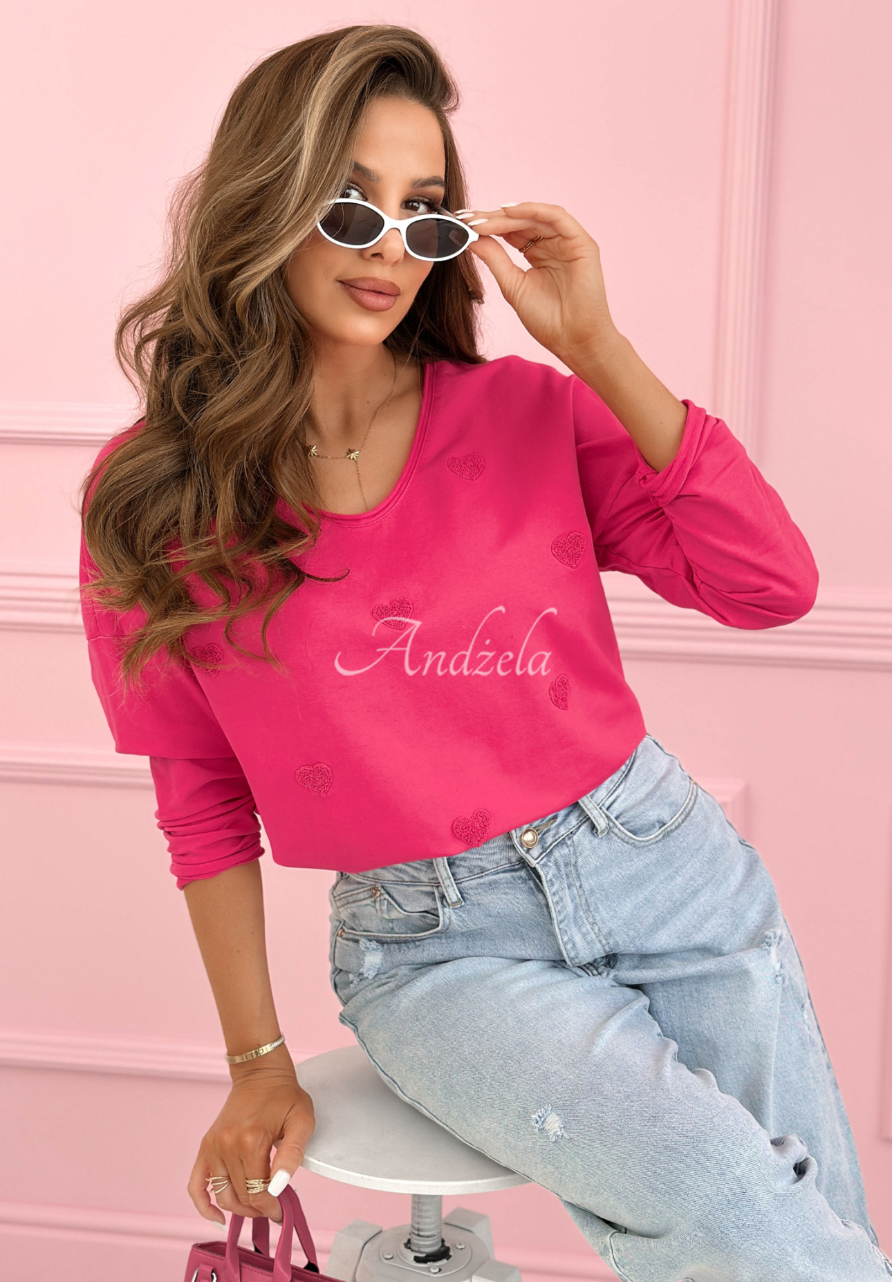 Baumwoll-Longsleeve-Bluse mit Herzchen Close To Heart Fuchsia