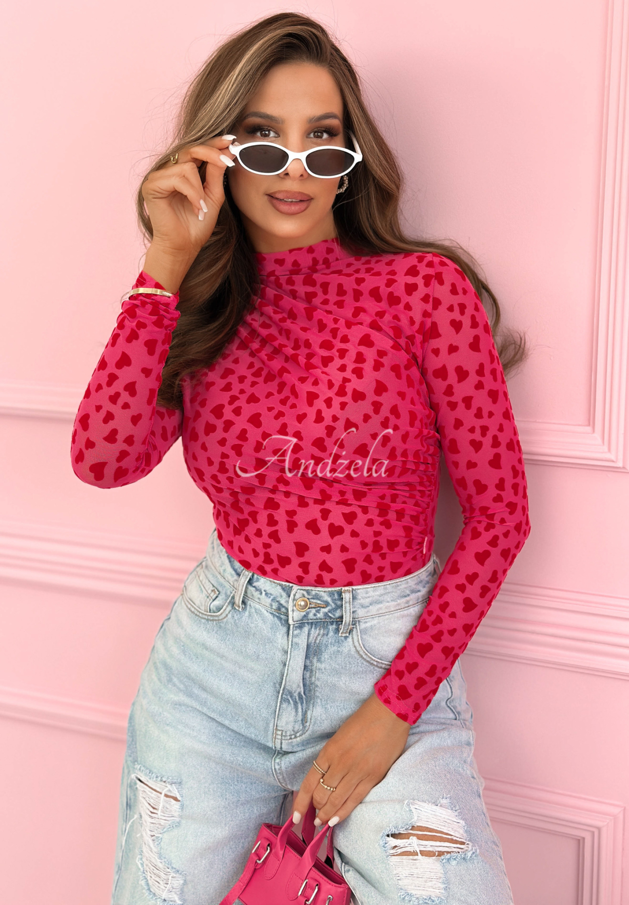 Mesh long-sleeved bodysuit with a turtleneck and heart print Broke My Heart pink