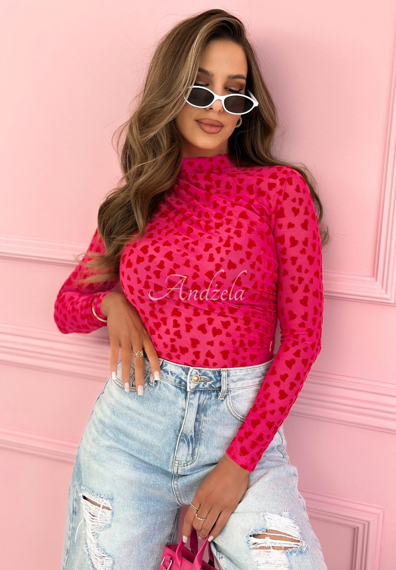 Mesh long-sleeved bodysuit with a turtleneck and heart print Broke My Heart pink