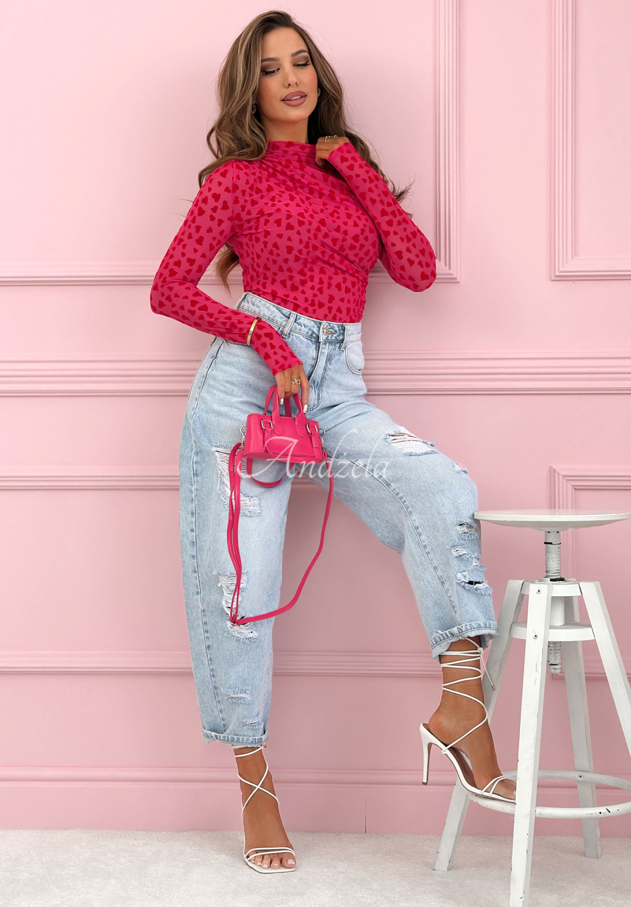 Mesh-Body Longsleeve mit Turtleneck und Herzchenmuster Broke My Heart Rosa