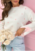 Pullover z haftowanymi serduszkami i kokardkami Romantic Bows Ecru