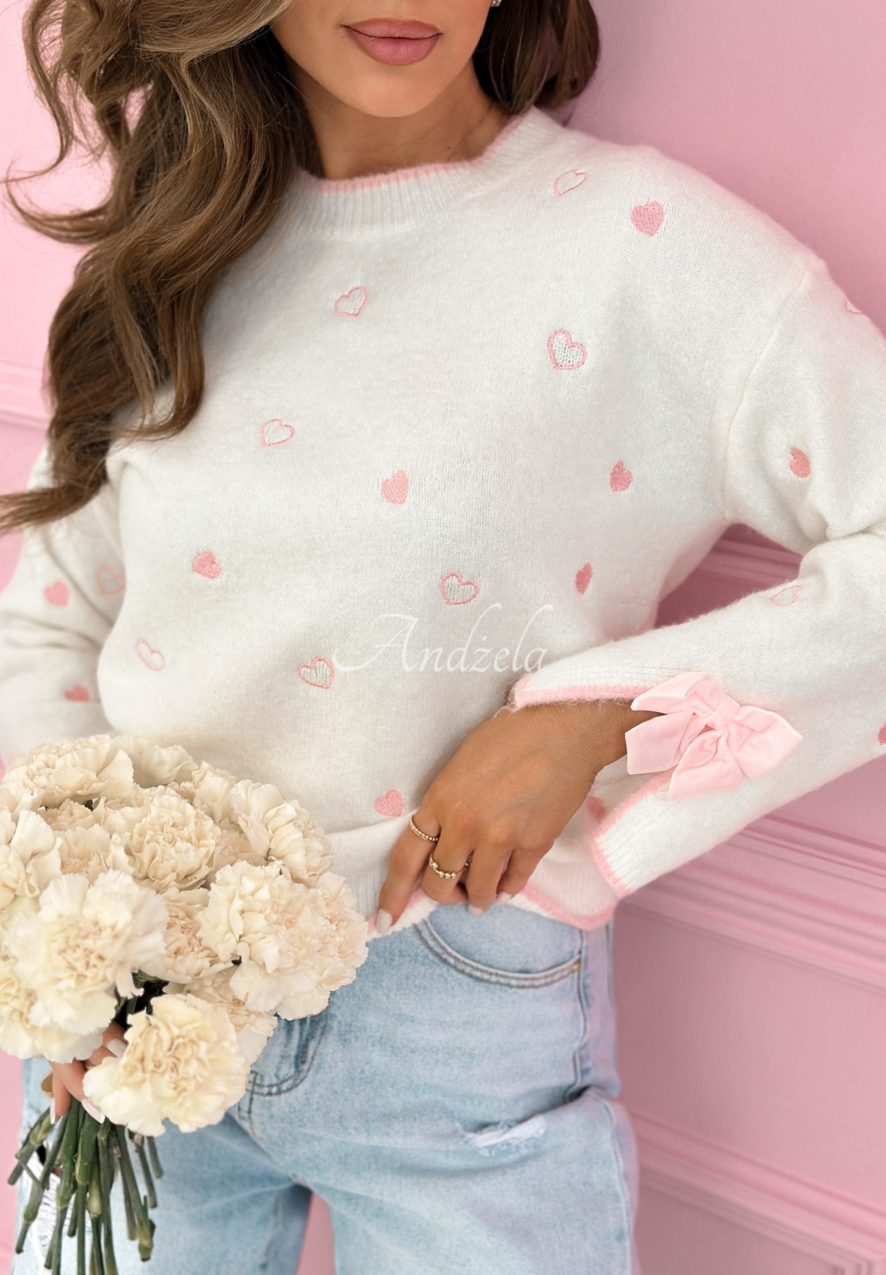 Pullover mit Herzen, Wolle und Viskose Romantic Bows Ecru