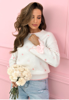 Pullover z haftowanymi serduszkami i kokardkami Romantic Bows Ecru